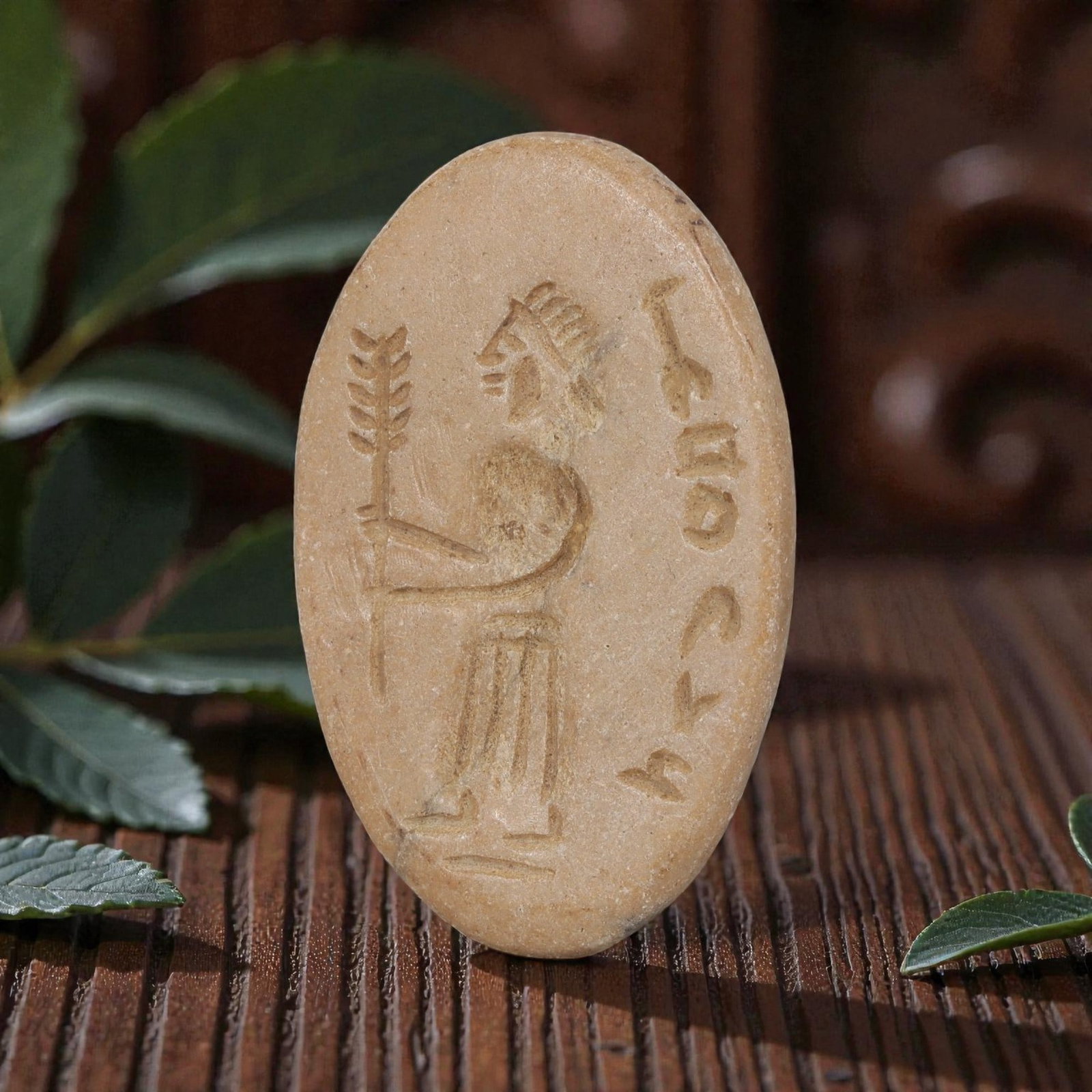 Antique Islamic Steatite Stamp Seal, 52YD: This antique stamp seal is carved from light beige steatite, featuring an oval form. The face bears an engraved intaglio depicting a standing figure in profile, holding a stylized plant branch, flanke