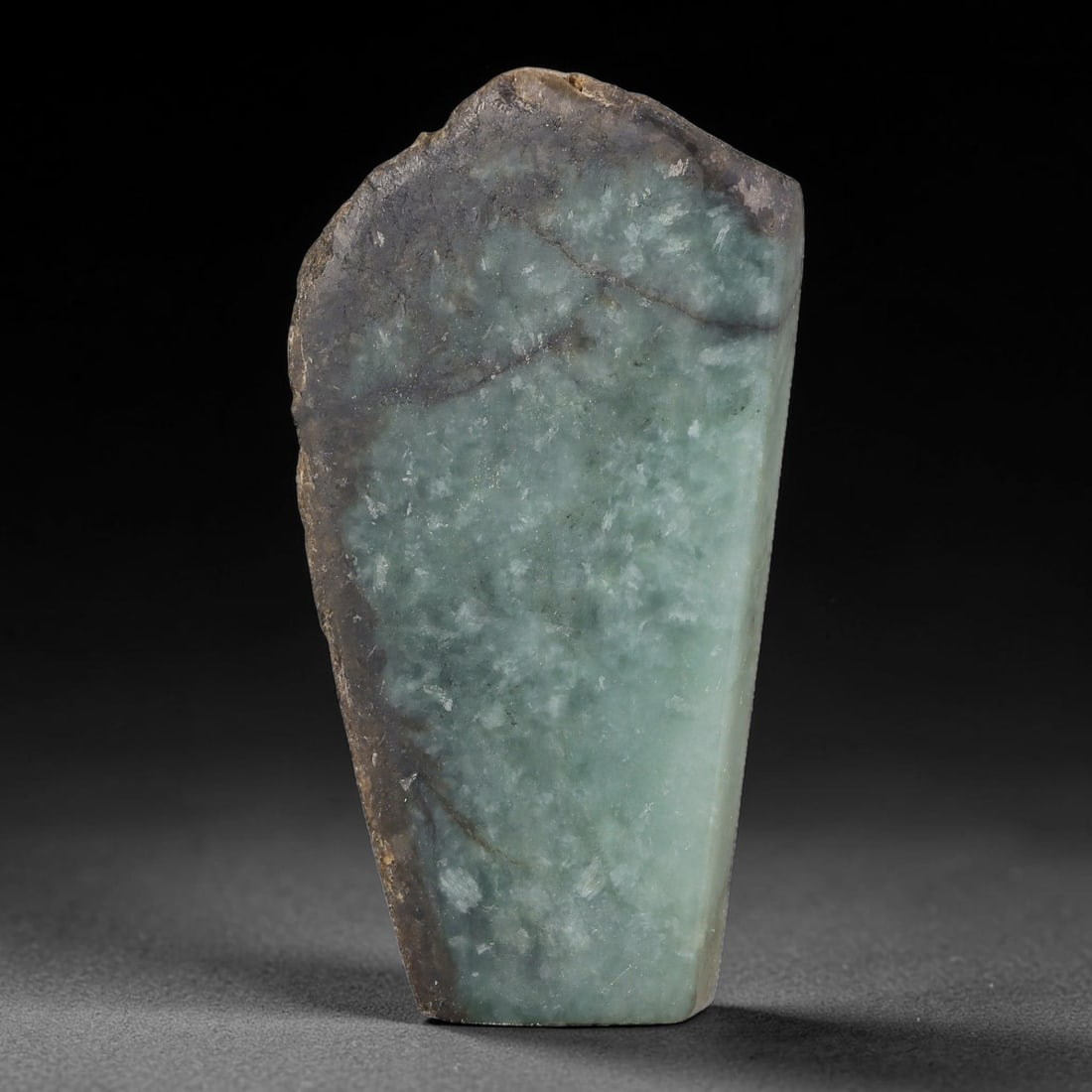 425ct Natural Type A Burmese Jadeite Jade Sliced Rough, 45YK: This specimen is a sliced rough block of natural Type A Burmese jadeite jade. The interior displays natural colour zoning with visible mineral veining and crystalline patterns typical of unprocessed j