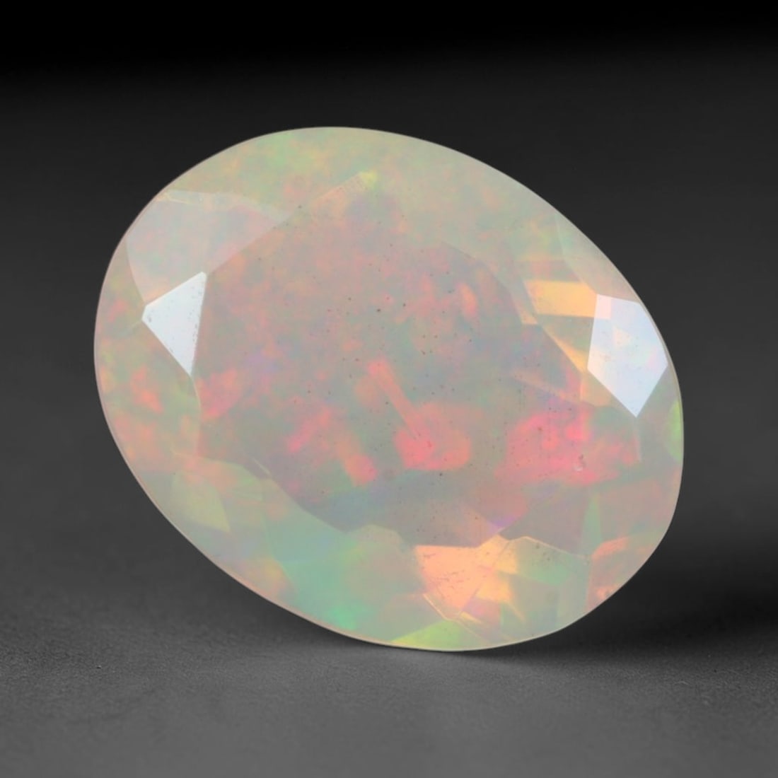 1.98 Carats Natural Ethiopian Welo Opal Oval Cabochon Loose Gemstone, 37XV: Natural Ethiopian Welo opal polished oval cabochon loose gemstone, luminous translucent milky white base stone with vivid multi-hued play-of-color featuring bright emerald green, lime yellow, soft blu