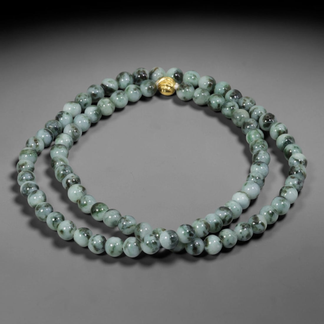 Natural Burmese Type A Floating Flower Jadeite Jade Beaded Necklace, 20WY: Formed from untreated Burmese Type A jadeite material, each spherical bead carries naturally formed floating mineral inclusions scattered evenly throughout the stone structure, finished with refined u
