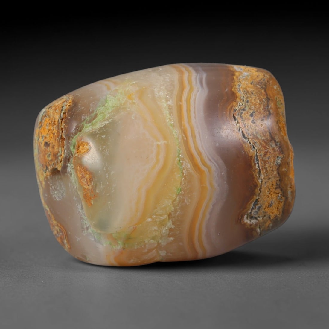 Ancient Indus Valley / Harappan Civilization Banded Agate Barrel Bead (2600-1900 BCE), 51XD: This antique banded agate barrel bead originates from the Indus Valley / Harappan Civilization, the ancient South Asian hub that pioneered standardized drilling, chemical etching, and mass chalcedony 