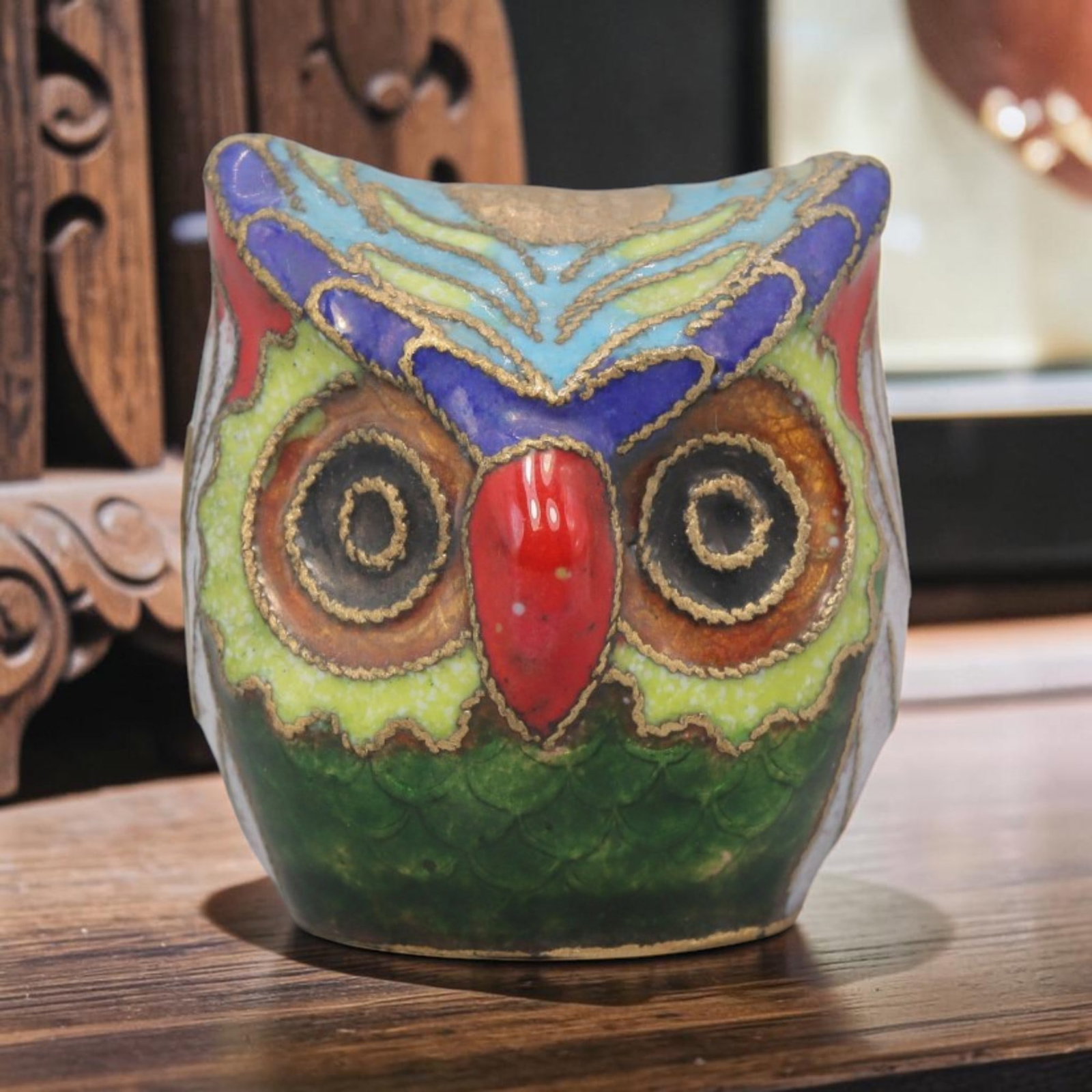 Vintage Chinese Copper Cloisonne Owl Figurine - Enamel Bird Statue, 14YF: Crafted from copper base metal with fine cloisonne wire filigree and hand-fired polychrome enamel glazes, this whimsical miniature owl figurine features vibrant multi-colored detailing across its face