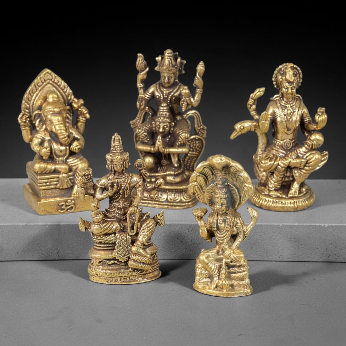 Thai Vintage Copper Alloy Hindu Pantheon Mini Divine Statues - 5pcs Set, 6YZ: Vintage Thai copper alloy miniature Hindu deity figurine set with 5 distinct statues, each measuring 4.0x1.5cm. The assortment features Lord Ganesha, multi-armed Vishnu incarnations, Naga sheltered de