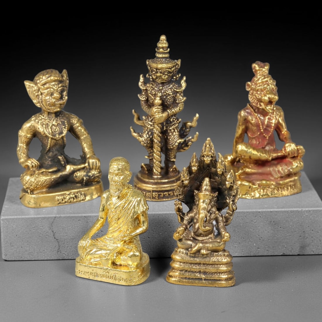 Thai Vintage Copper Alloy Guardian Hermit & Ganesha Mini Amulet Statues - 5pcs Set, 15YZ: Vintage Thai copper alloy miniature spiritual figurine set of five pieces, each sized 3.5x2.0cm. This assortment includes seated Hanuman monkey deity, standing temple giant guardian holding mace, tige