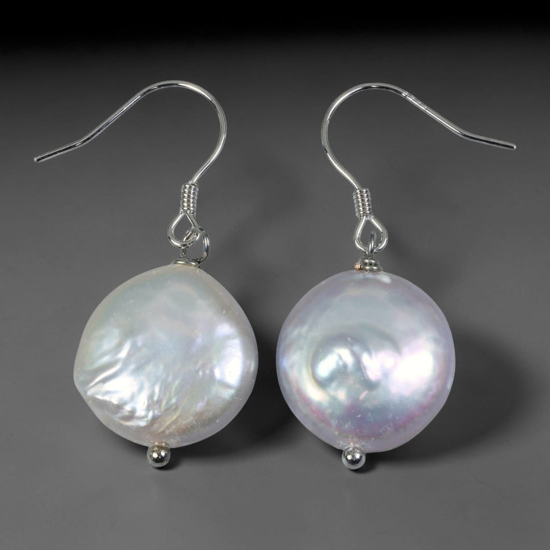 Natural Coin Keshi Baroque Pearl Drop Earrings, 1WS: Handcrafted matching single coin pearl dangle earrings featuring flat round keshi baroque freshwater pearls sized 14.2x5.9mm each. Every coin pearl displays naturally wrinkled, undulating nacre with l