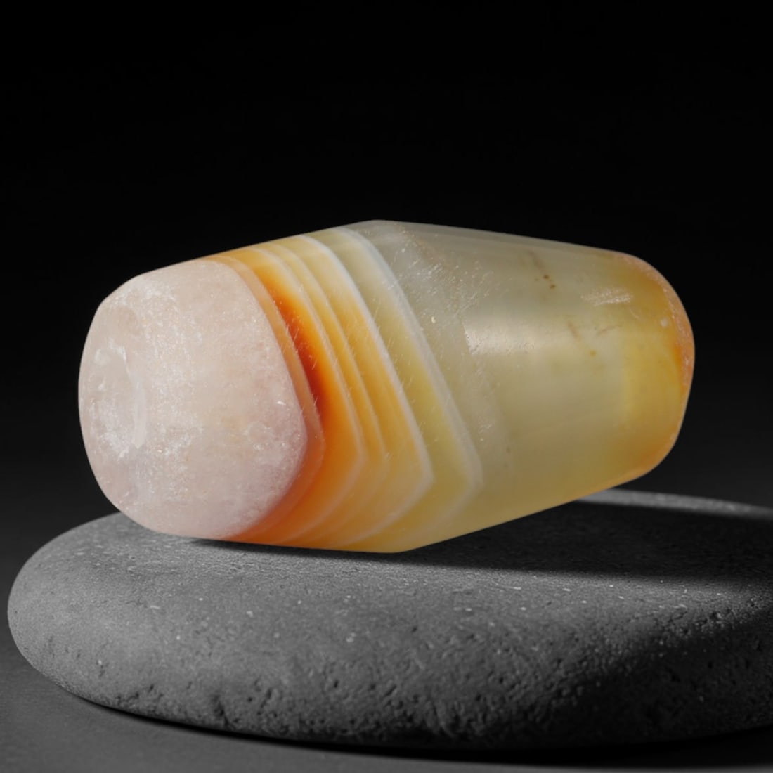 Ancient Medieval Seljuk Persian Culture Banded Agate Cylinder Bead (1037-1307 CE), 72XD: This antique cylindrical banded agate bead originates from Seljuk Persian Culture, a medieval Iranian civilization famed for mass polishing chalcedony rosary and spacer beads for elite Islamic jewelry