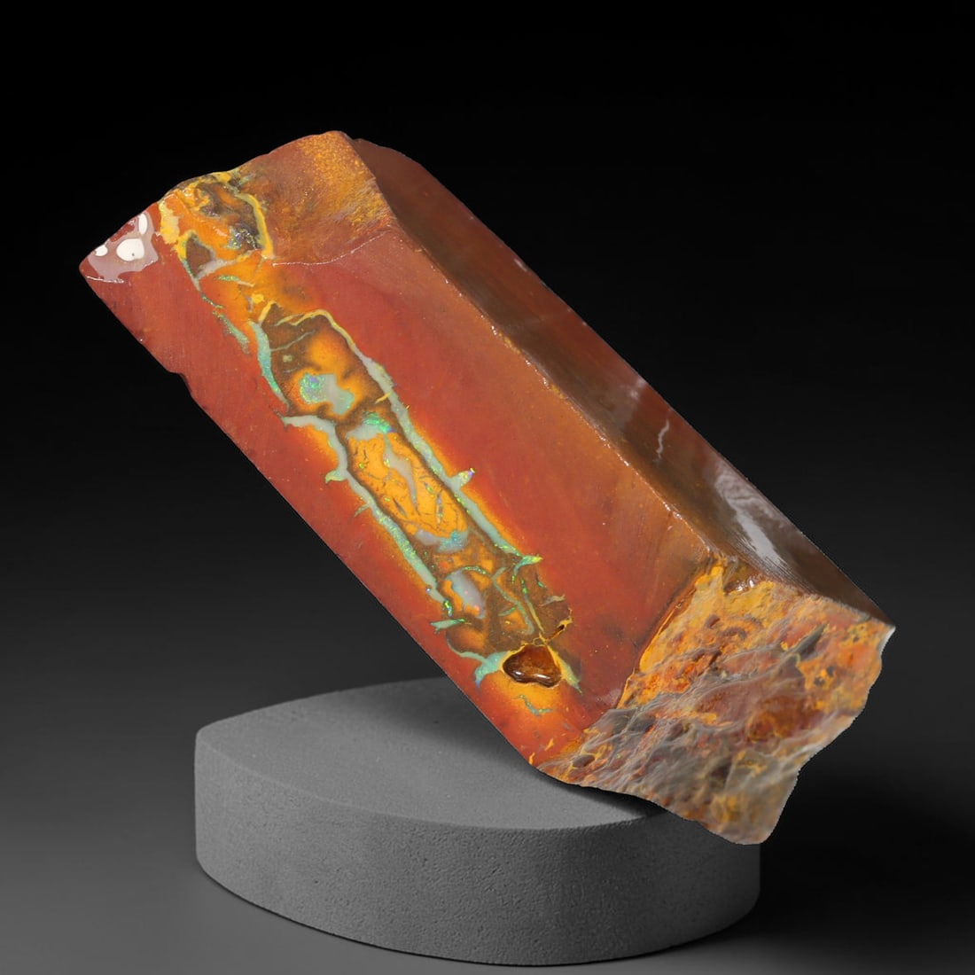 48.02ct Natural Australian Queensland Boulder Opal Sliced Slab Cutting Rough, 28YL: Natural sliced slab rough of Queensland boulder opal cutting grade, featuring rich color ironstone matrix with patterns. The face clearly reveals extensive opal veining and pocket formations running t