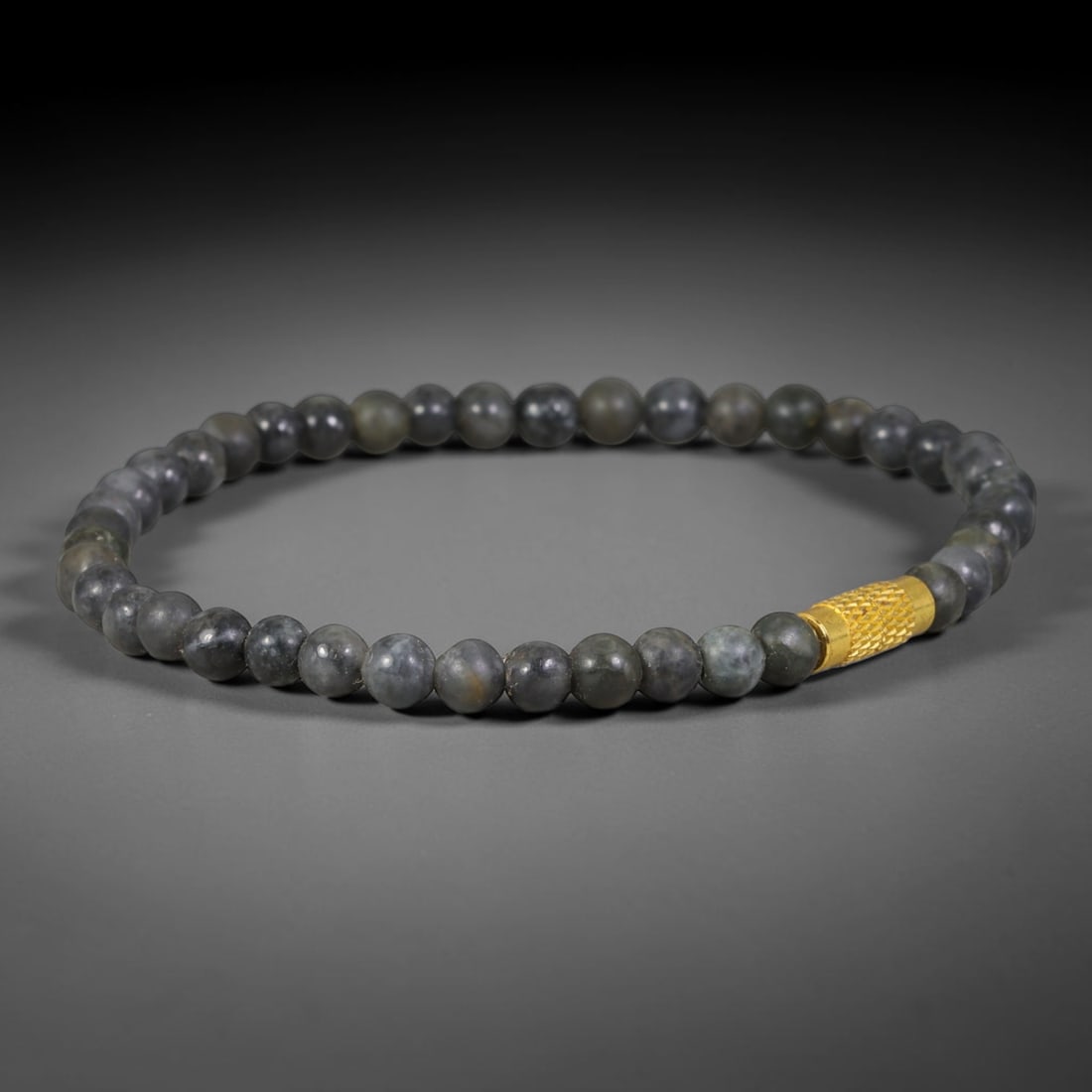 Natural Burmese Type A Dark Grey Black Jadeite Jade Beaded Bracelet with Textured Gold Tube Accent,: Crafted from untreated natural Burmese Type A dark grey black jadeite beads measuring 4.54mm, this delicate thin bracelet features smoothly polished round beads with natural mottled grey and faint bro