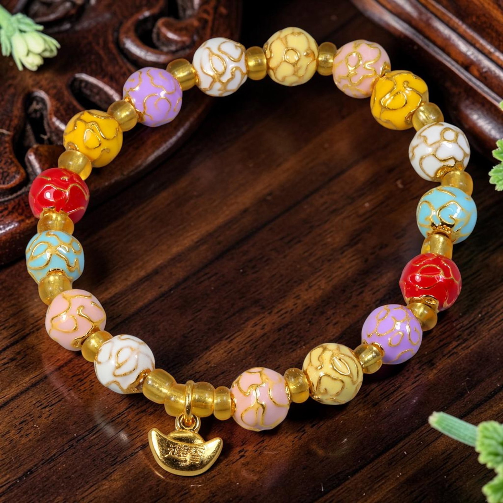 Chinese Cloisonne Enamel Beaded Bracelet - Multi Color Gold Ingot Charm, 81YG: This modern Chinese revival stretch bracelet features round cloisonne enamel beads measuring 8.00 millimeters, each finished in a distinct pastel and bold enamel shade accented with raised gold-tone s