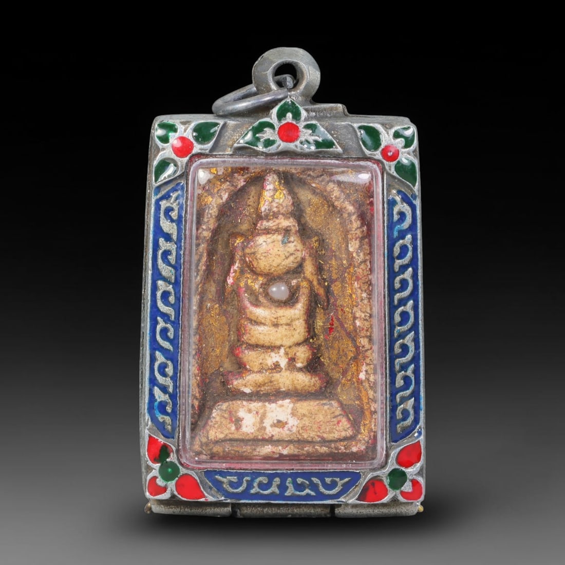 Thai Gilded Clay Metal Amulet Buddhist Votive Pendant, 21ZB: Formed from fired clay with applied gilded surface layers, the piece uses traditional molding techniques characteristic of Southeast Asian devotional craft. The construction adheres to standard region