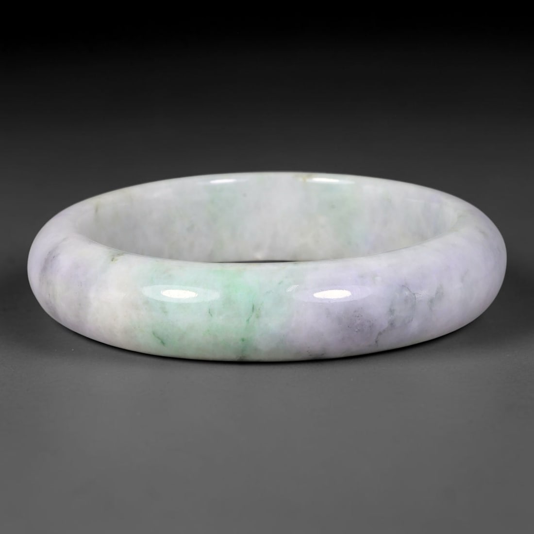 Natural Burmese Type A Lavender Pale Green Mottled Jadeite Jade Bangle Bracelet, 47TD: Genuine Burmese Type A jadeite jade bangle, smooth polished finish blending soft lavender and gentle pale green mottled tones over a milky white base. Inner diameter 63mm, band width 16mm. Classic sol