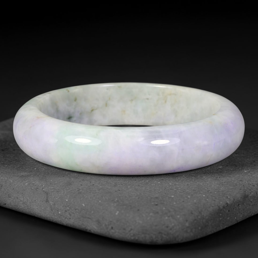 Natural Burmese Type A Lavender Pale Green Jadeite Jade Bangle Bracelet, 42TD: Genuine Burmese Type A jadeite jade bangle, smoothly polished with soft lavender blending pale green tones across its milky base. Inner diameter 62mm, band width 16mm. Timeless solid bangle design, ge