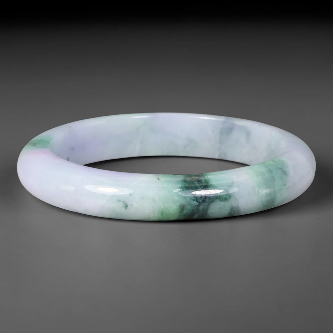 Natural Burmese Type A Lavender Dark Floating Green Jadeite Jade Bangle Bracelet, 49TD: Genuine Burmese Type A jadeite jade bangle, smooth polished surface with soft pale lavender base accented by bold dark floating green patches. Inner diameter 53mm, band width 10mm. Slim solid bangle s