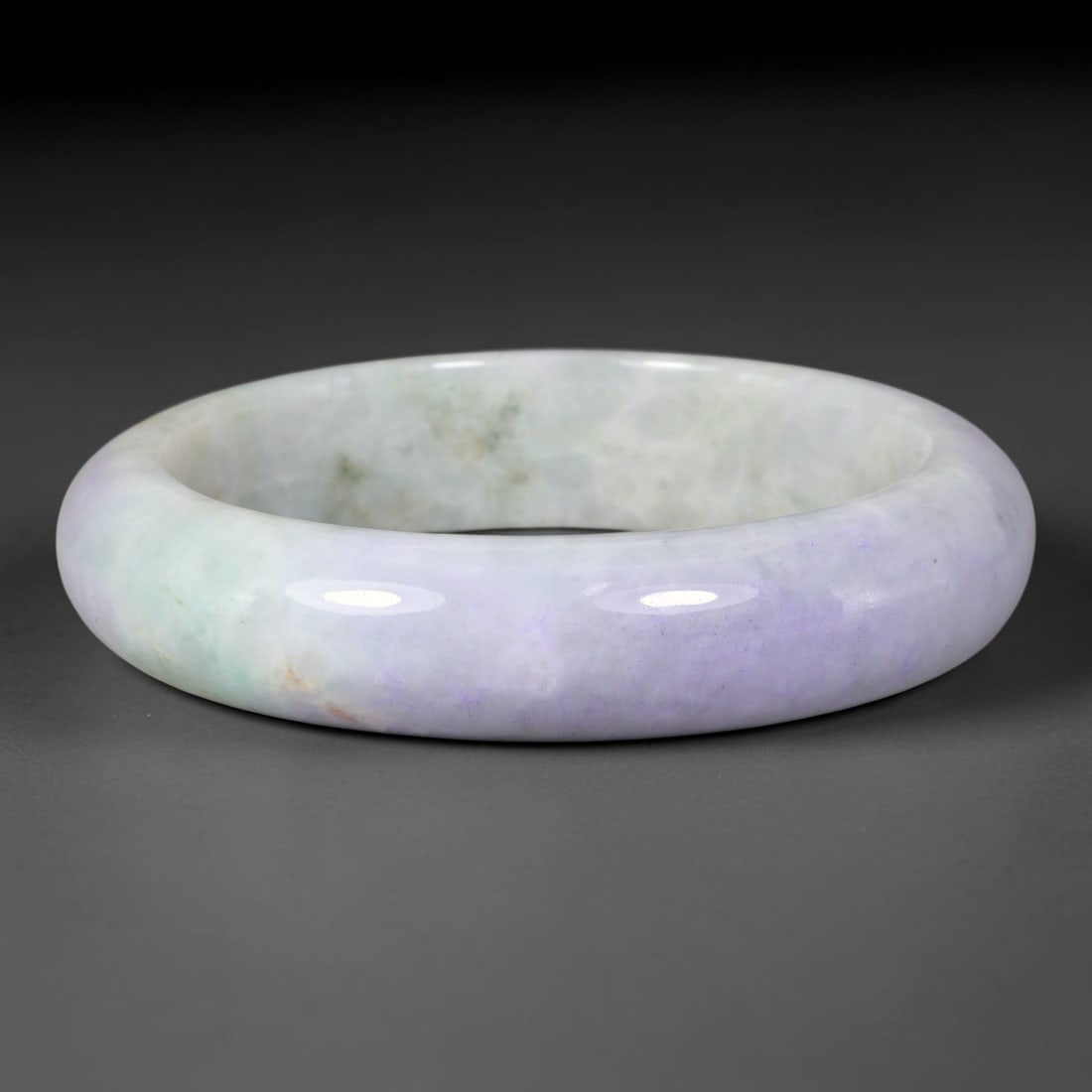 Natural Burmese Type A Soft Lavender Jadeite Jade Bangle Bracelet, 41TD: Genuine Burmese Type A jadeite jade bangle, smoothly polished with gentle soft lavender tones blending faint pale green flecks on a milky white base. Inner diameter 61mm, band width 16mm. Timeless sol