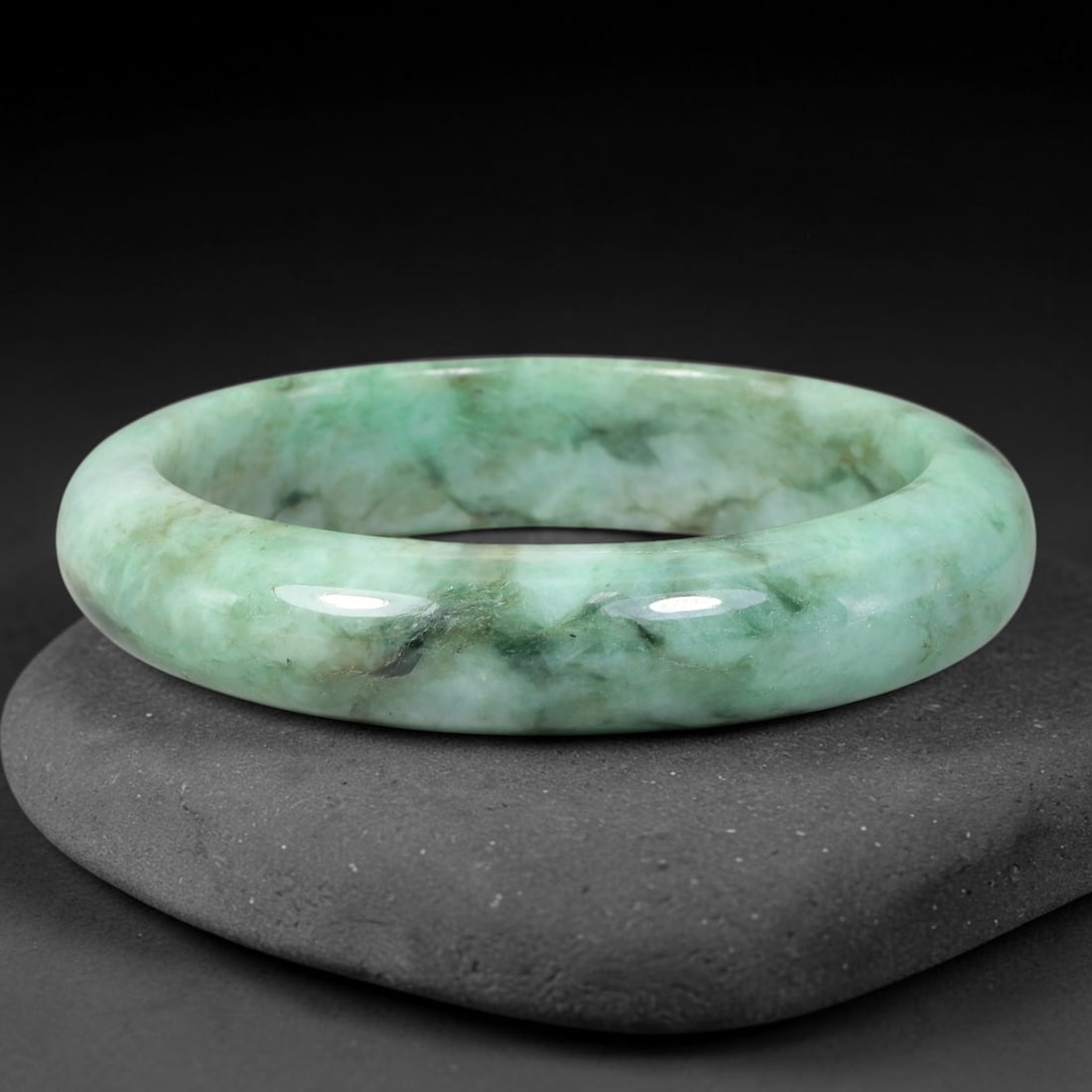 Natural Burmese Type A Floating Moss Green Jadeite Jade Bangle Bracelet, 48TD: Genuine Burmese Type A jadeite jade bangle, smooth polished finish with soft pale green base naturally patterned with swirling moss green veining and mottled markings. Inner diameter 53mm, band width 