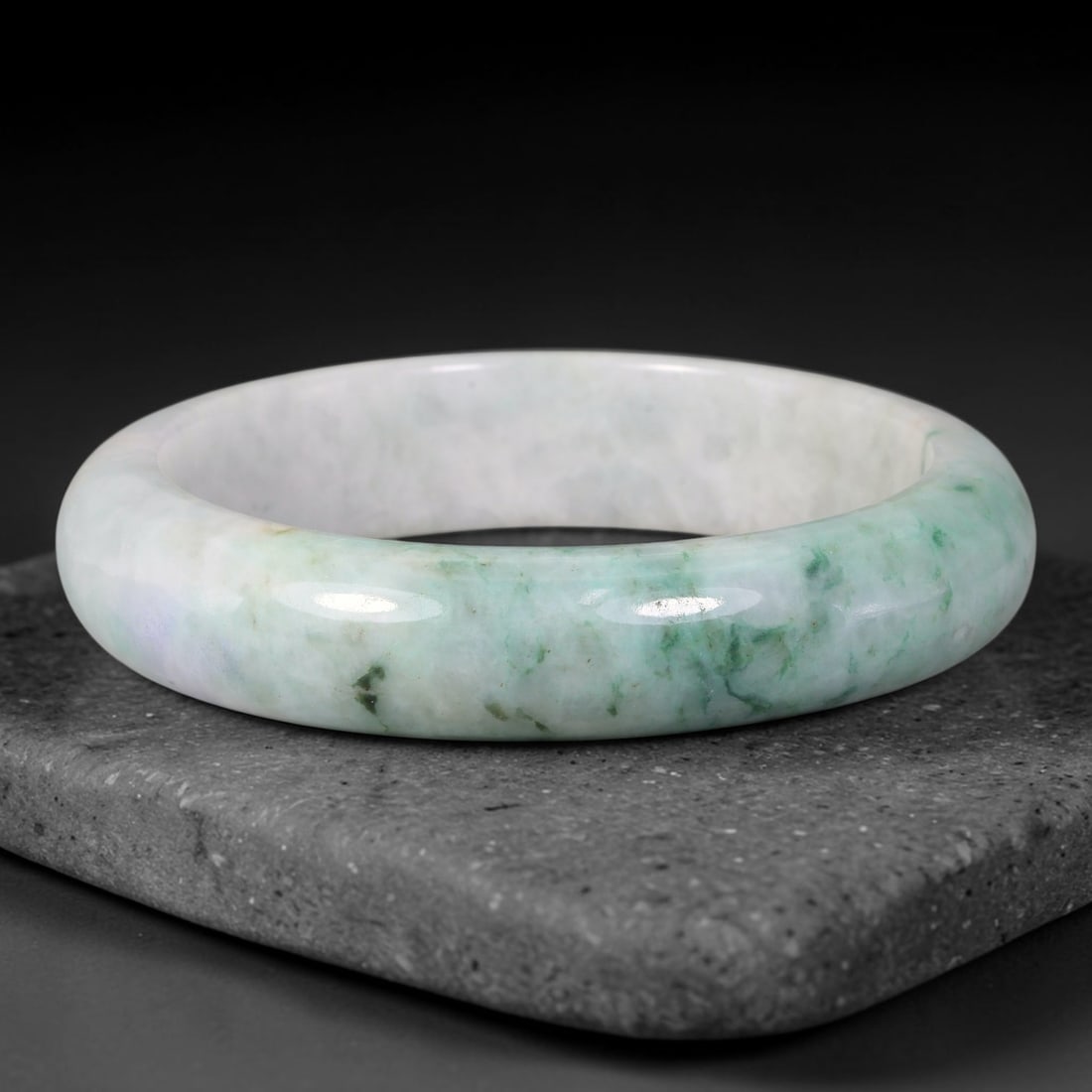 Natural Burmese Type A Floating Green Jadeite Jade Bangle Bracelet, 39TD: Genuine Burmese Type A jadeite jade bangle, smooth polished finish with soft floating green markings across pale milky white base. Inner diameter 62mm, band width 15mm. Classic solid bangle style, ref