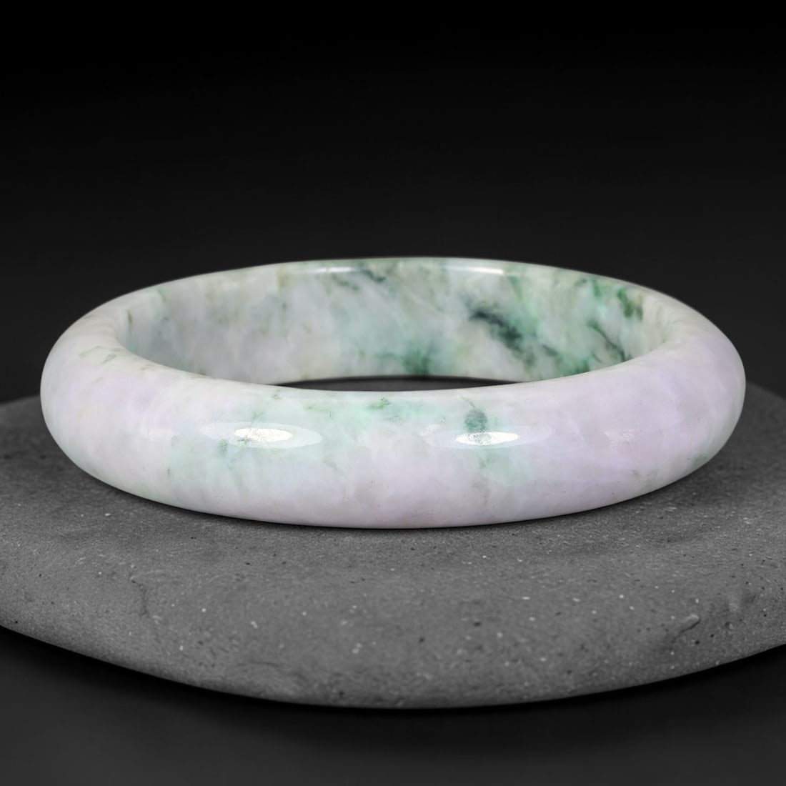 Natural Burmese Type A Lavender Floating Dark Green Jadeite Jade Bangle Bracelet, 43TD: Genuine Burmese Type A jadeite jade bangle, smooth polished finish with soft lavender base interspersed with flowing floating dark green veining. Inner diameter 62mm, band width 14mm. Classic solid ba
