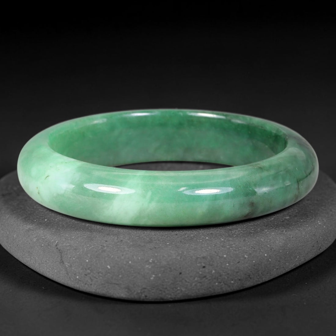 Natural Burmese Type A Solid Apple Green Jadeite Jade Bangle Bracelet, 50TD: Genuine Burmese Type A jadeite jade bangle, sleek polished finish with rich consistent apple green tone and subtle natural texture variations. Inner diameter 53mm, band width 12mm. Elegant compact sol