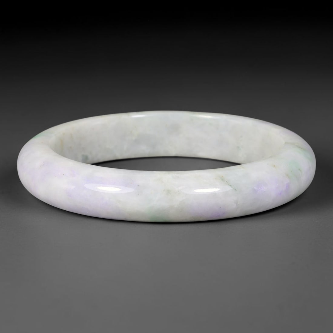 Natural Burmese Type A Pale Lavender Cloudy Jadeite Jade Bangle Bracelet, 44TD: Genuine Burmese Type A jadeite jade bangle, smoothly polished with subtle pale lavender washes and faint soft green flecks across a milky pale base. Inner diameter 61mm, band width 13mm. Classic solid