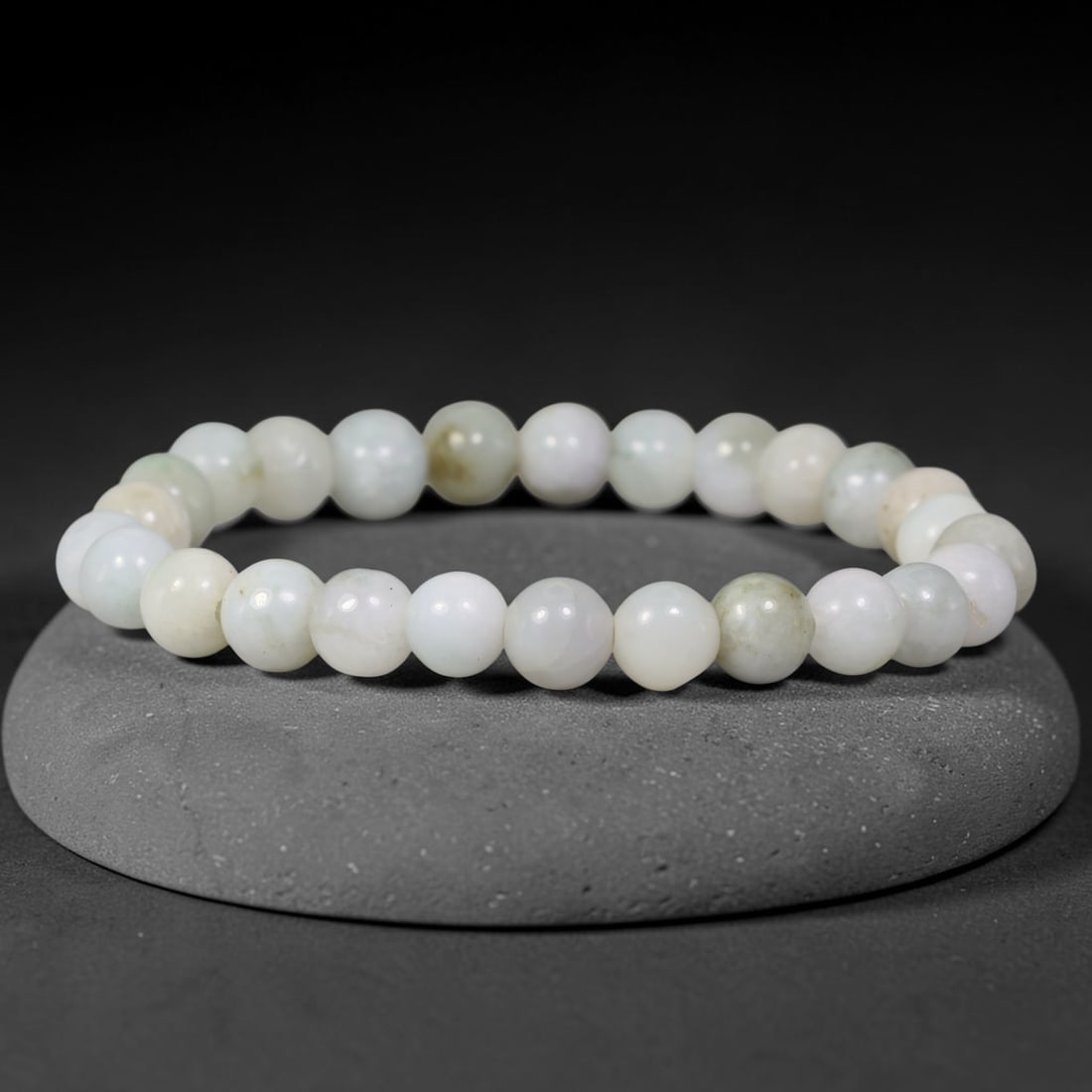 Natural Burmese Type A Jadeite Jade White Round Bead Bracelet, 93TK: Polished from natural Burmese Type A jadeite, this bracelet features smooth round white beads measuring 8.7mm. It displays clean milky white tones accented by subtle pale green and faint warm mineral 