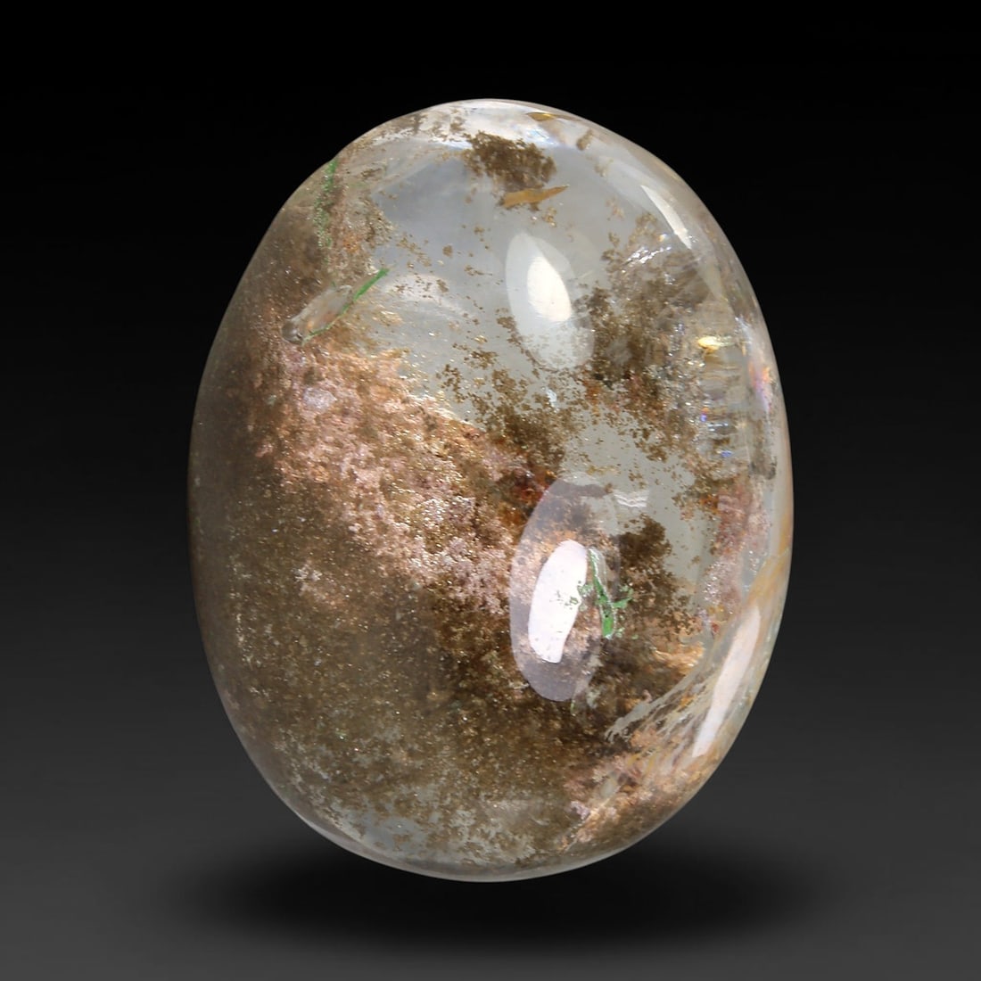 28.42ct Natural Brazilian Phantom Quartz Oval Cabochon Loose Gemstone, 35YZ: This smoothly polished cabochon of natural phantom quartz preserves delicate layered phantom crystal formations enclosed inside transparent quartz host. The domed polished surface offers unobstructed 