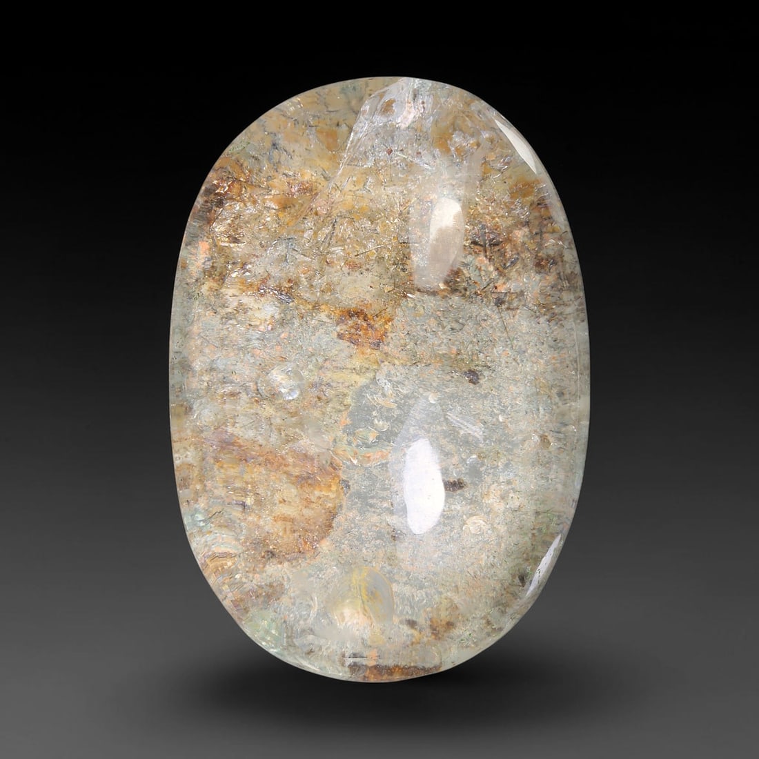 26.39ct Natural Brazilian Phantom Quartz Oval Cabochon Loose Gemstone, 86YX: This smoothly polished cabochon of natural phantom quartz preserves delicate layered phantom crystal formations enclosed inside transparent quartz host. The domed polished surface offers unobstructed 