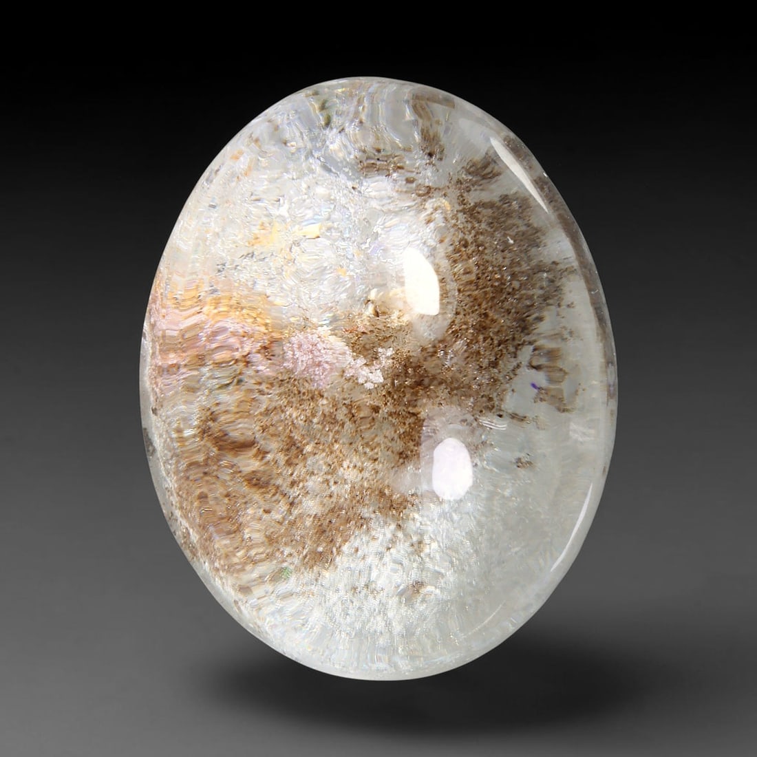 23.62ct Natural Brazilian Phantom Quartz Oval Cabochon Loose Gemstone, 27YZ: This smoothly polished cabochon of natural phantom quartz preserves delicate layered phantom crystal formations enclosed inside transparent quartz host. The domed polished surface offers unobstructed 