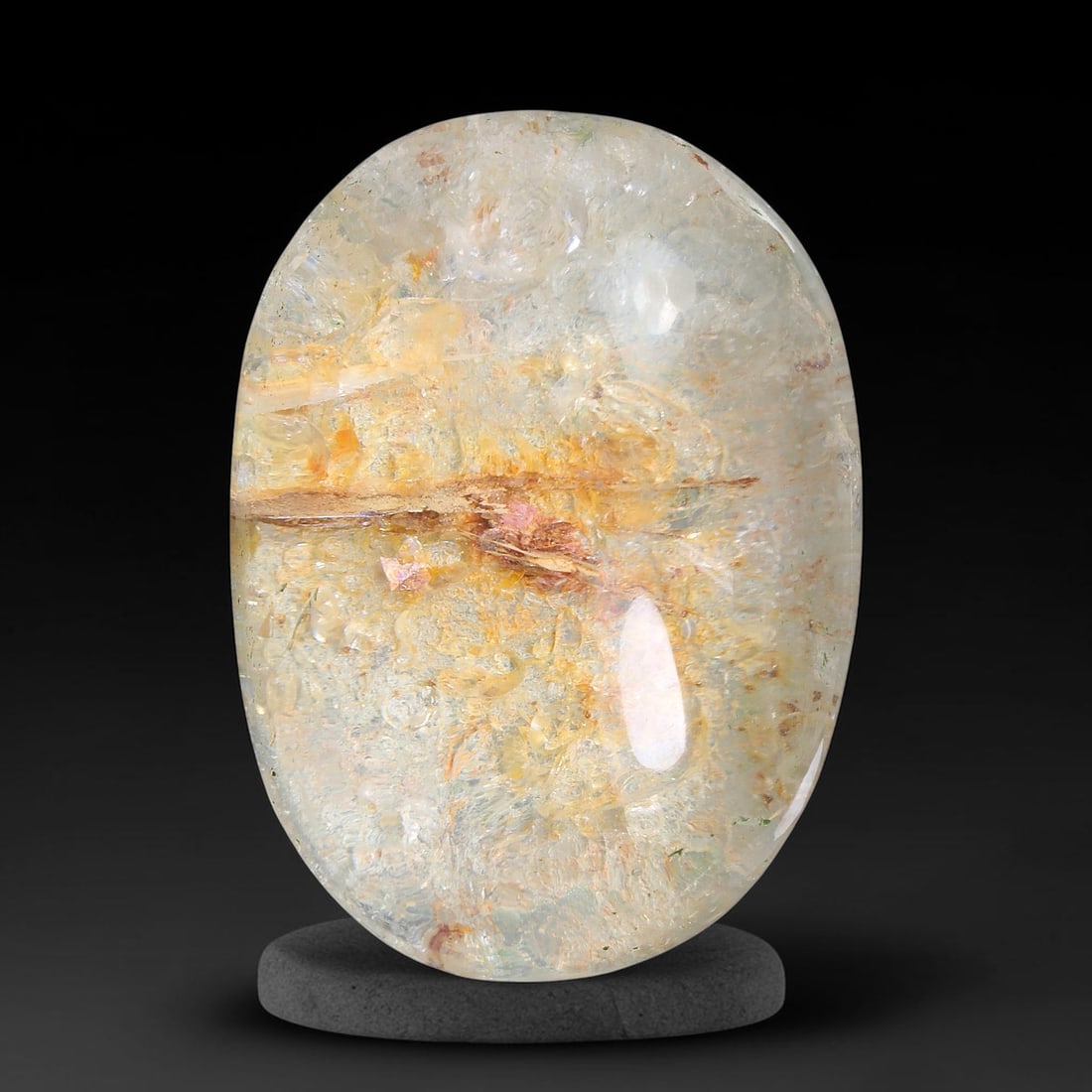 27.55ct Natural Brazilian Phantom Quartz Oval Cabochon Loose Gemstone, 77YX: This smoothly polished cabochon of natural phantom quartz preserves delicate layered phantom crystal formations enclosed inside transparent quartz host. The domed polished surface offers unobstructed 