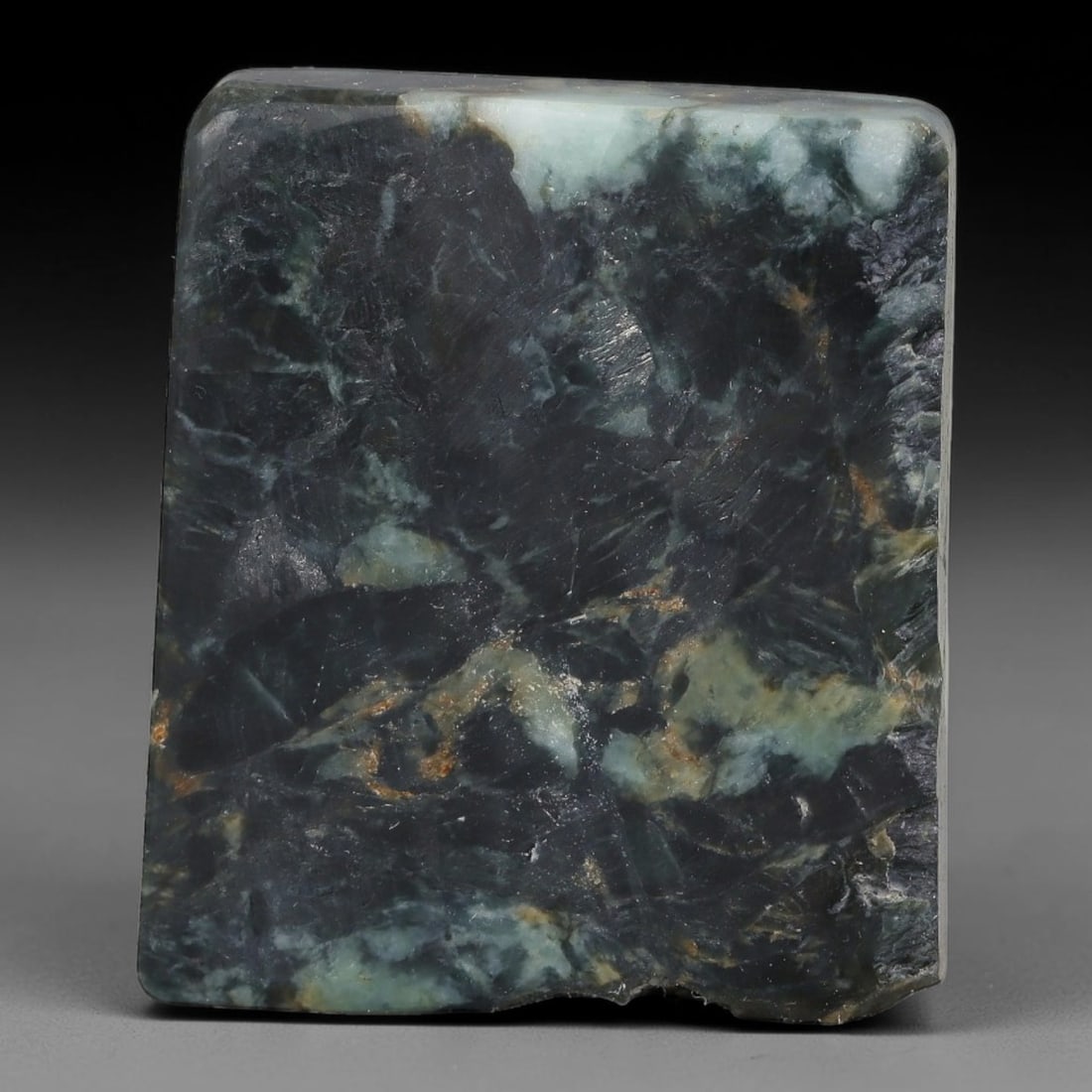 179ct Natural Type A Burmese Jadeite Jade Sliced Rough, 34YK: This specimen is a sliced rough block of natural Type A Burmese jadeite jade. The interior displays natural colour zoning with visible mineral veining and crystalline patterns typical of unprocessed j