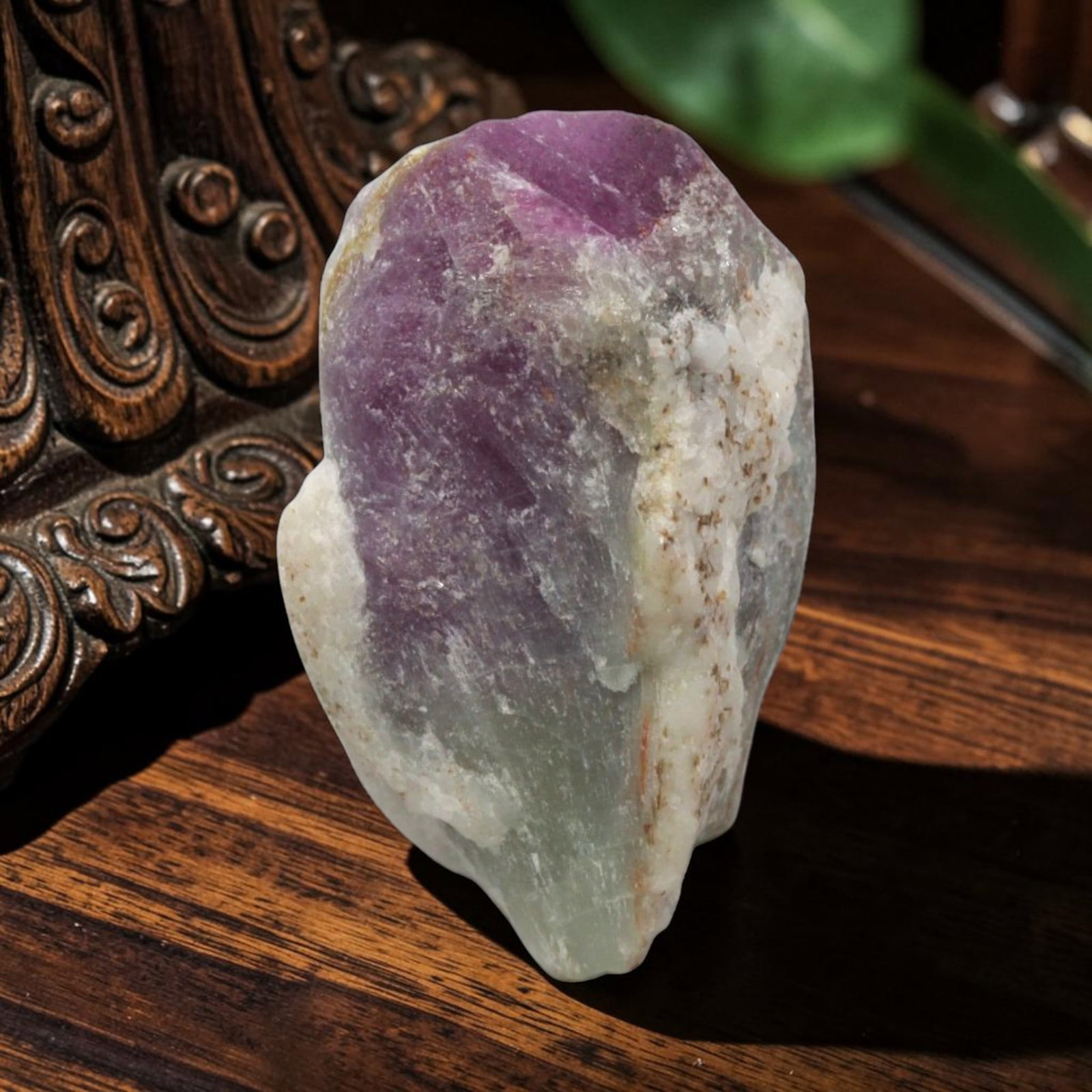 28.16ct Natural Mauritania Ruby Rough (Unheated), 79XE: This unheated Mauritania ruby rough is a captivating natural crystal specimen, featuring vivid magenta-purple ruby formations embedded in a contrasting greyish matrix. The stone's rugged, unpolished s