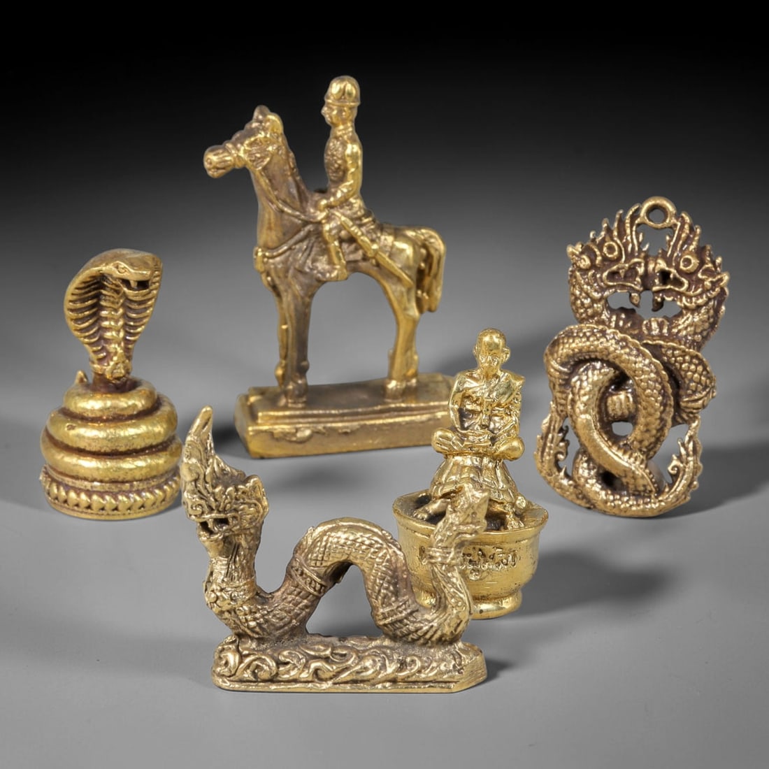 Thai Vintage Copper Alloy Naga Dragon Monk & Horseman Mini Amulet Statues - 5pcs Set, 13YZ: Vintage Thai copper alloy miniature sacred figurine set of five pieces, each sized 4.0x2.5cm. The assortment features single cobra Naga statue, ancient warrior horseman sculpture, double-headed Naga p