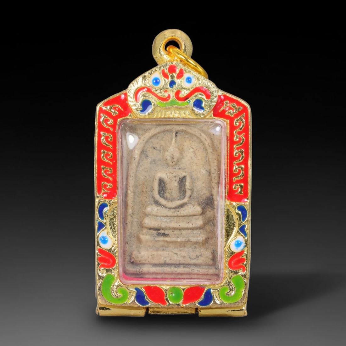 Thai Gilded Clay Metal Amulet Buddhist Votive Pendant, 11ZB: Constructed from fired clay with light gilded finishing layers, the piece uses traditional molded crafting techniques typical of Southeast Asian devotional artifacts. Its rectangular form follows stan