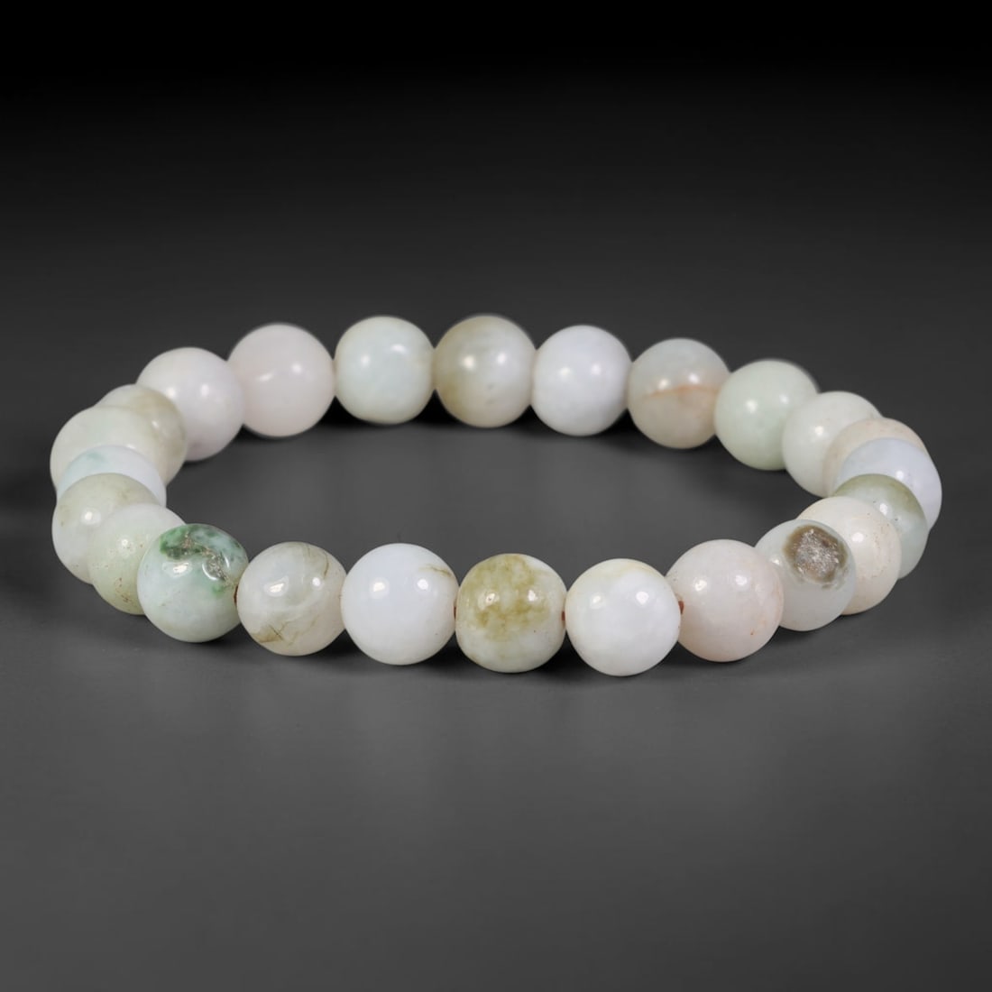 Natural Burmese Type A Multicolor White Green Russet Jadeite Jade Beaded Bracelet, 47TA: Crafted from untreated natural Burmese Type A jadeite jade beads with maximum bead dimension of 8.35mm, this single loop bracelet features polished round beads with natural variegated tones of milky w