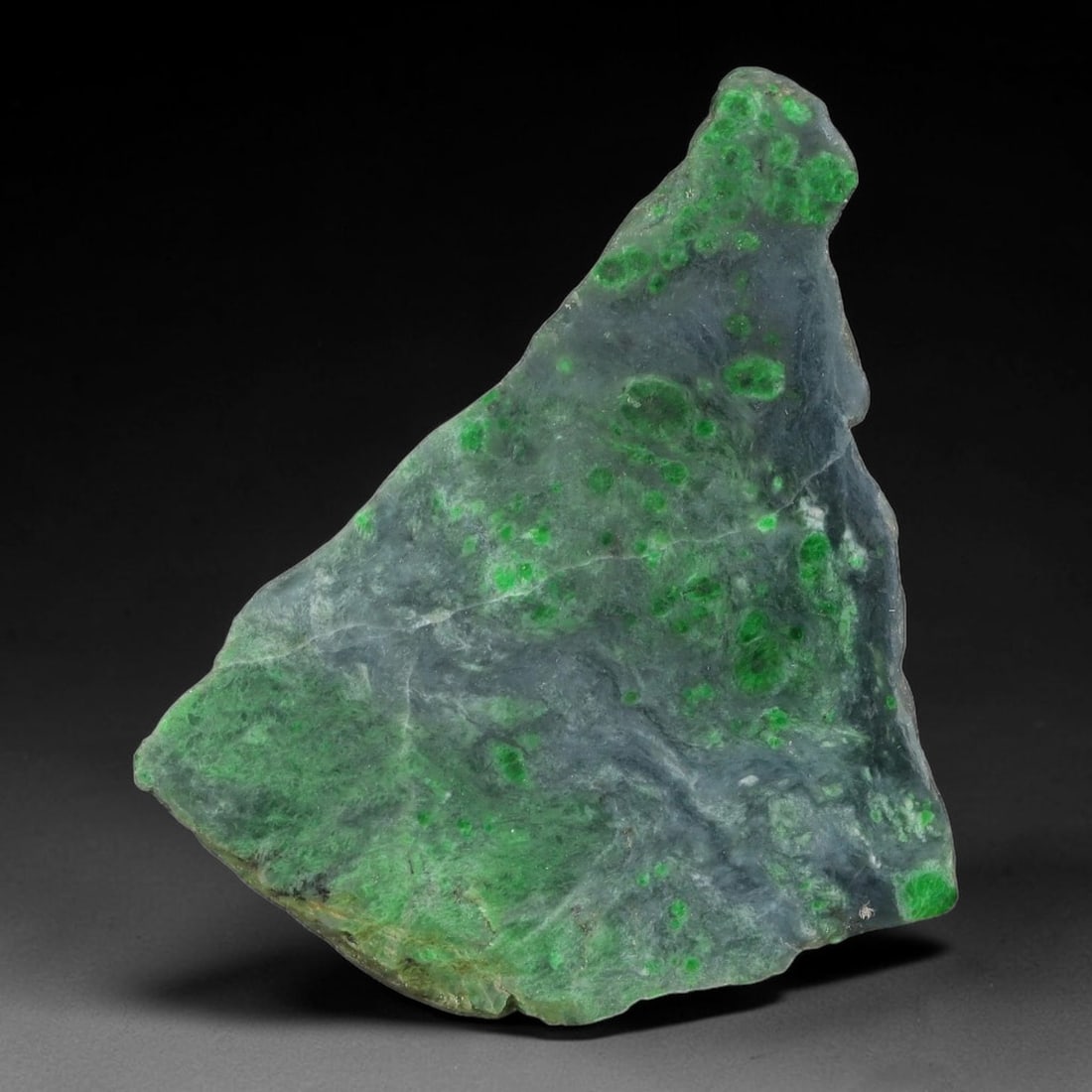 108ct Natural Type A Burmese Jadeite Jade Sliced Rough, 79YN: This specimen is a sliced rough block of natural Type A Burmese jadeite jade. The interior displays natural colour zoning with visible mineral veining and crystalline patterns typical of unprocessed j