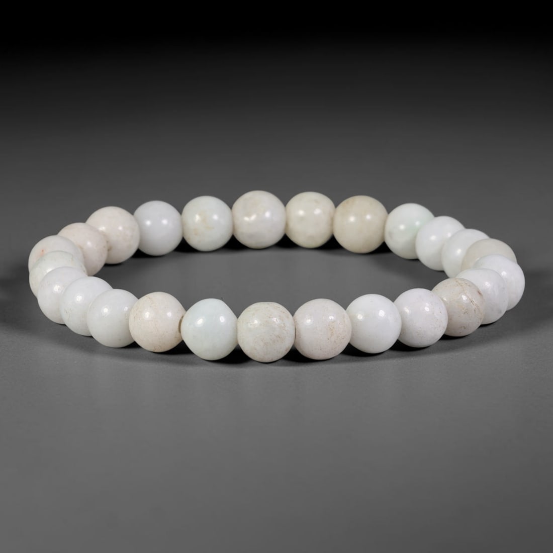 Natural Burmese Type A Pale Off-White Jadeite Jade Beaded Bracelet, 16TA: Crafted from untreated natural Burmese Type A jadeite jade beads with maximum bead dimension of 8.85mm, this wearable strand features a gentle polished finish displaying soft pale off-white natural mi