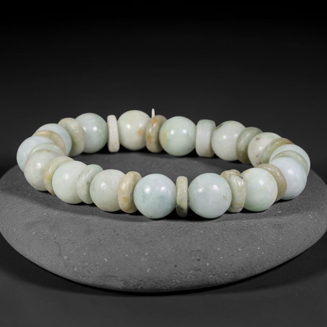 Natural Burmese Type A Pale Celadon Jadeite Bracelet with Multi-Tone Jade Disc Spacers, 52TA: Handcrafted from fully untreated authentic Burmese Type A jadeite, this bracelet features smooth pale celadon round main beads separated by alternating off-white, light yellow and muted green jade dis