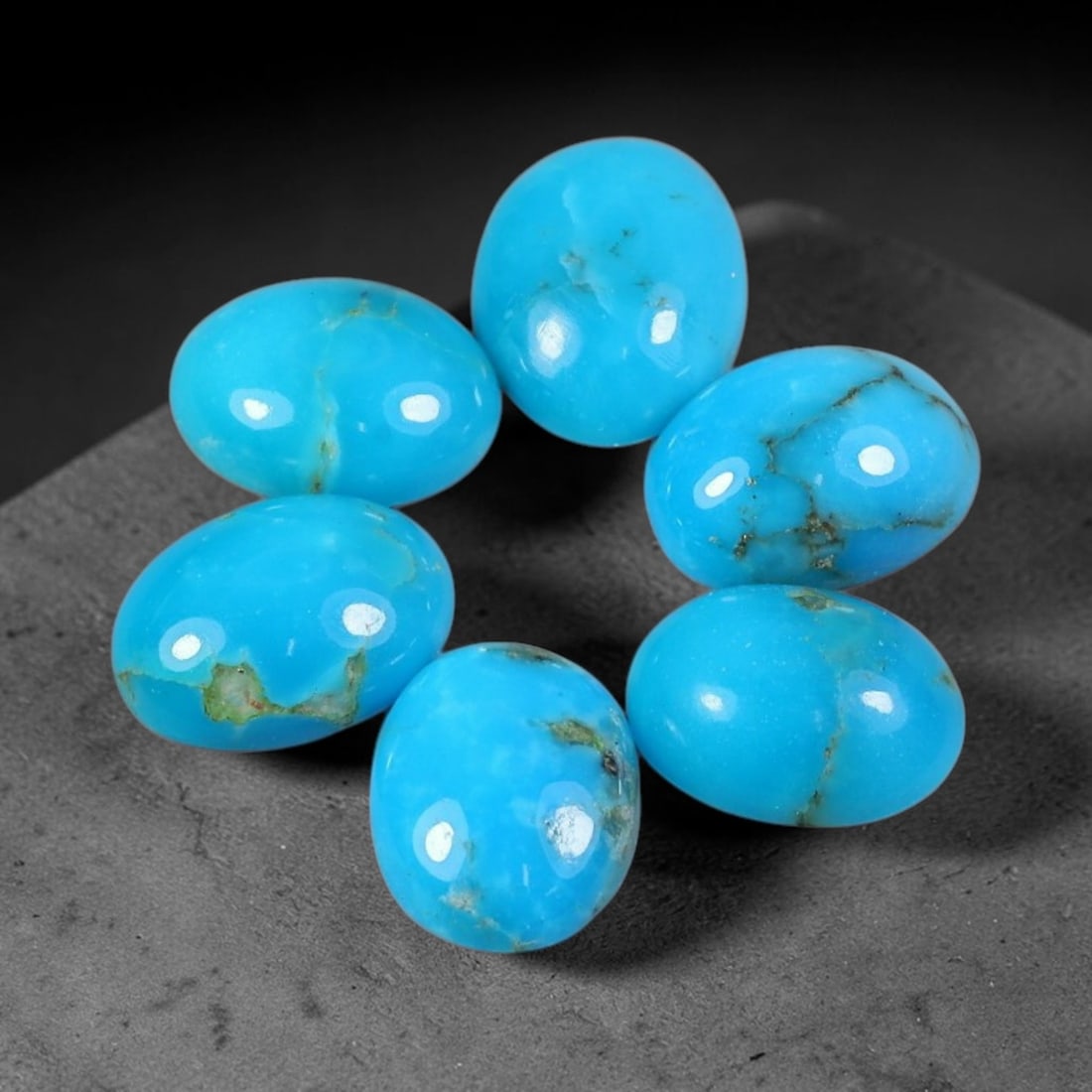 5.24ct Natural Sleeping Beauty Turquoise Cabochon Parcel, 91WW: Matching parcel of hand polished Sleeping Beauty turquoise cabochons, showcasing rich saturated sky-blue base colour naturally interspersed with fine veined mineral matrix and subtle native inclusions