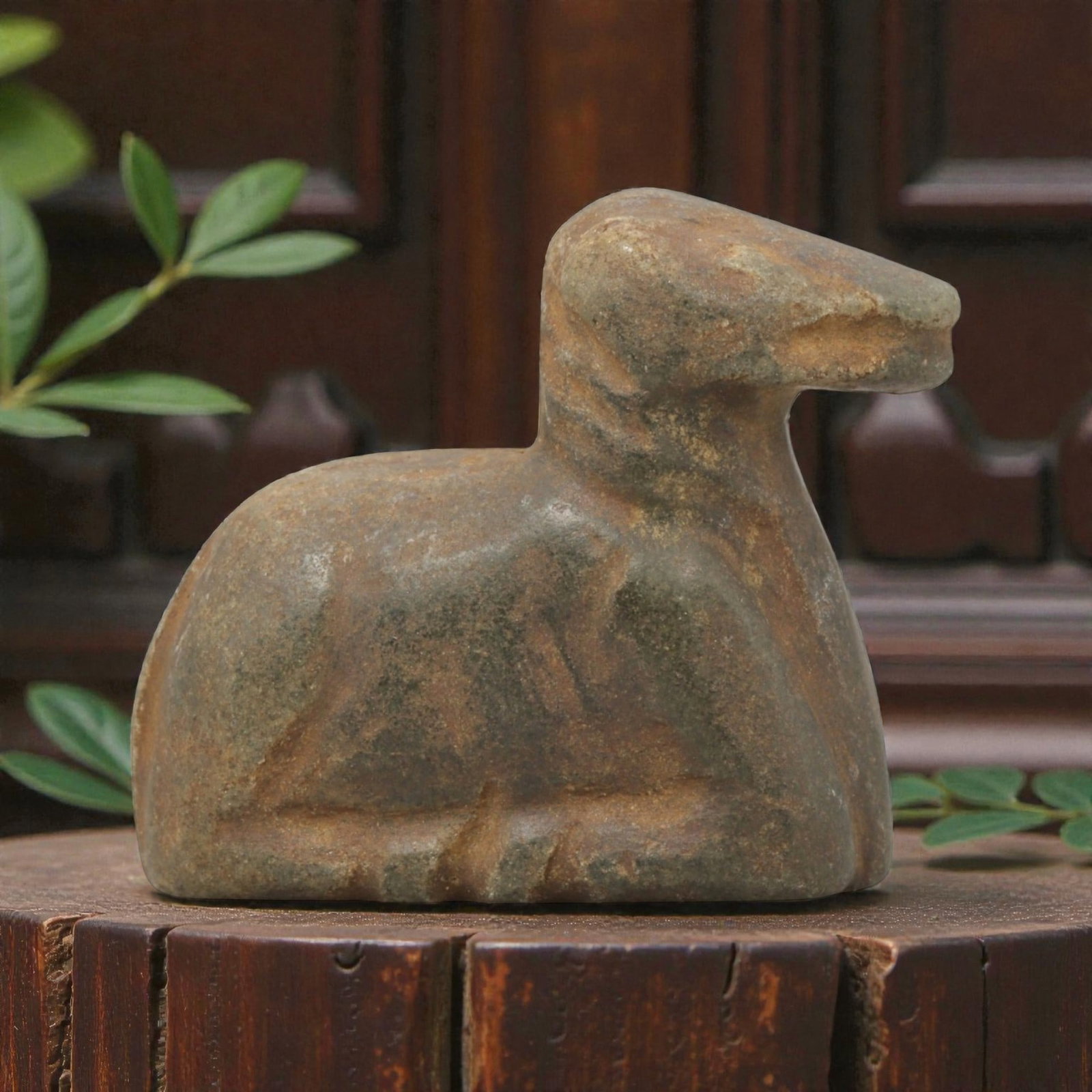 Ancient Stone Caprid Figurine - Near Eastern Carved Amulet, 62ZX: Carved from hard greenish stone, the figurine takes the form of a stylized recumbent caprid (sheep or goat), rendered in three dimensions with simplified anatomical carving. The head features a simpli