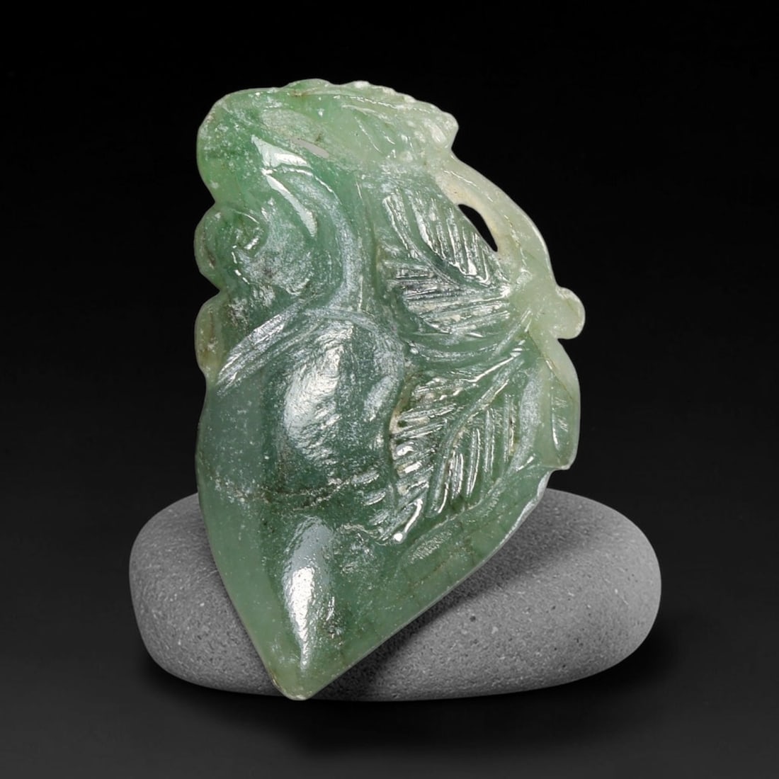 Natural Burmese Type A Jadeite Jade Hand Carved Pendant, 9TC: Artisan hand-carved untreated Burmese Type A jadeite jade pendant measuring 28x17.7 mm. Carefully sculpted with detailed relief craftsmanship and finished with a smooth glossy polish. Authentic Type A