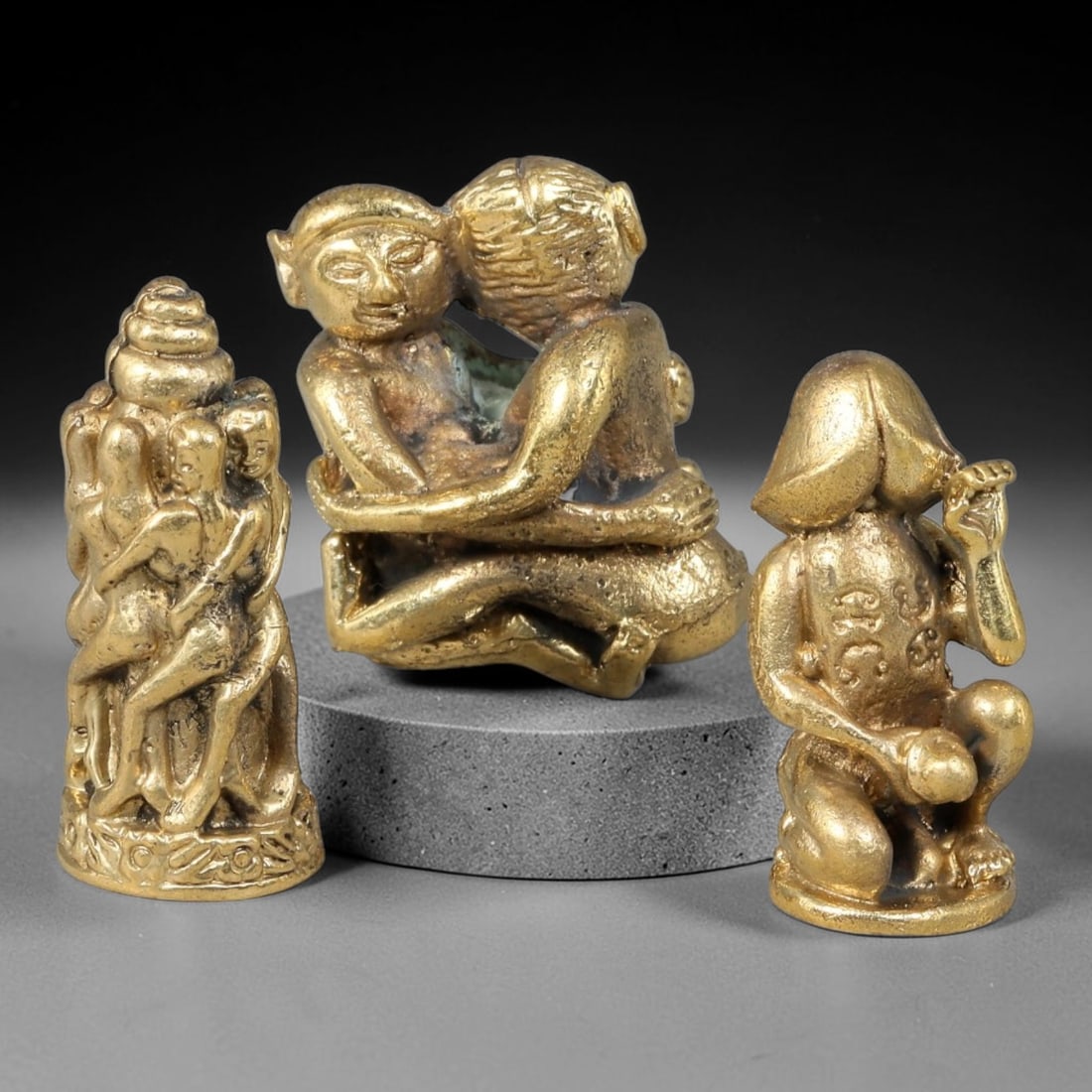 Thai Vintage Copper Alloy Love & Fertility Sacred Devotional Figures - 3pcs Set, 90YY: Mini vintage copper alloy folk ritual figurine set of three pieces, each dimension 3.0x1.5cm. The set includes intertwined multi-figure totem, embracing couple carving and symbolic sacred phallic deit