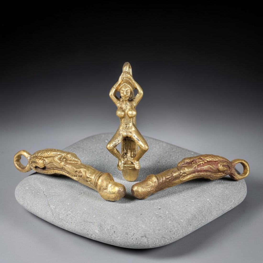 Thai Vintage Copper Alloy Phallic & Goddess Sacred Devotional Pendants - 3pcs Set, 98YY: Mini vintage copper alloy sacred pendant set of three pieces, each sized 5.5x1.0cm. The collection contains two carved phallic totem pendants with looped ends for wear, paired with a central female de