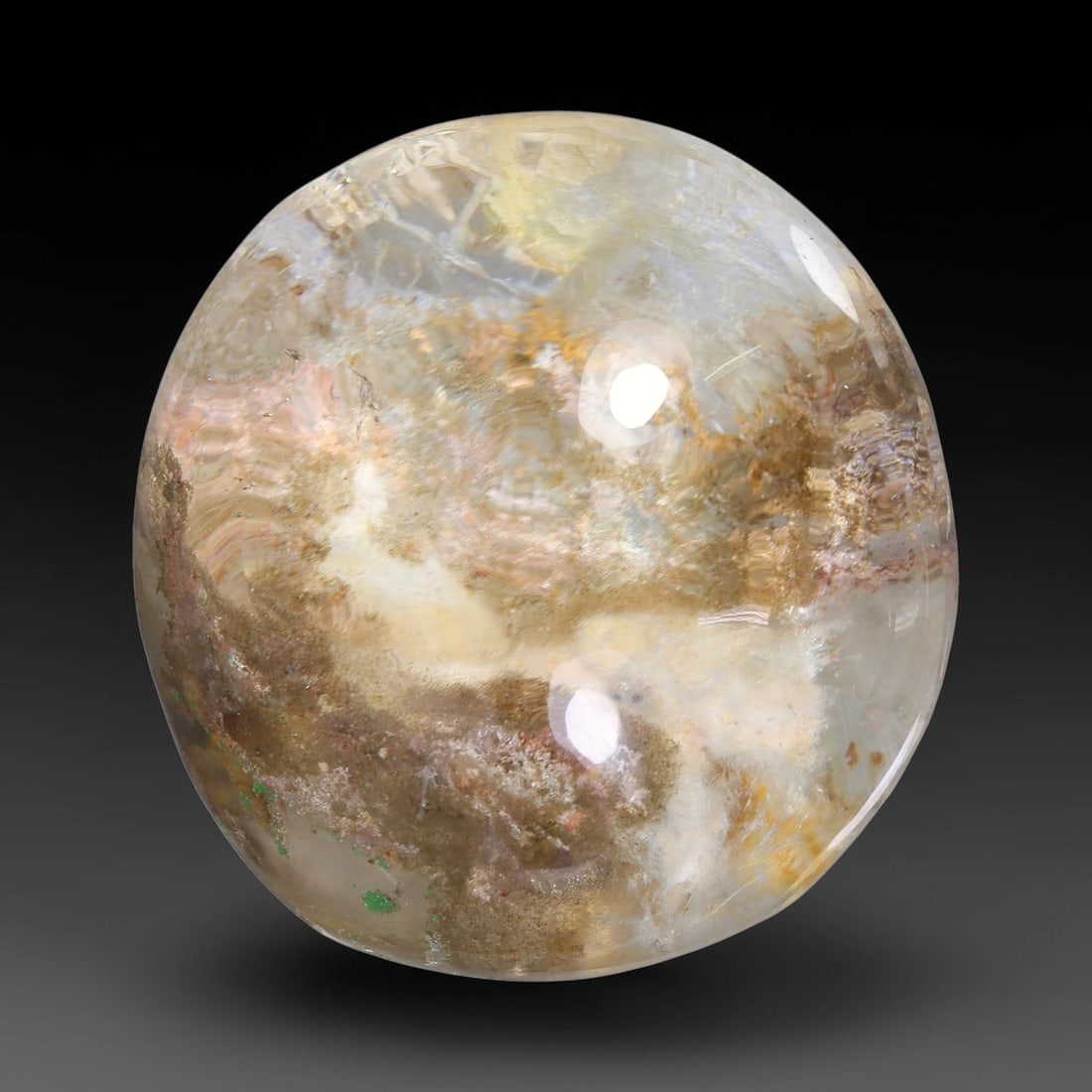 27.45ct Natural Brazilian Phantom Quartz Oval Cabochon Loose Gemstone, 33YX: This smoothly polished cabochon of natural phantom quartz preserves delicate layered phantom crystal formations enclosed inside transparent quartz host. The domed polished surface offers unobstructed 