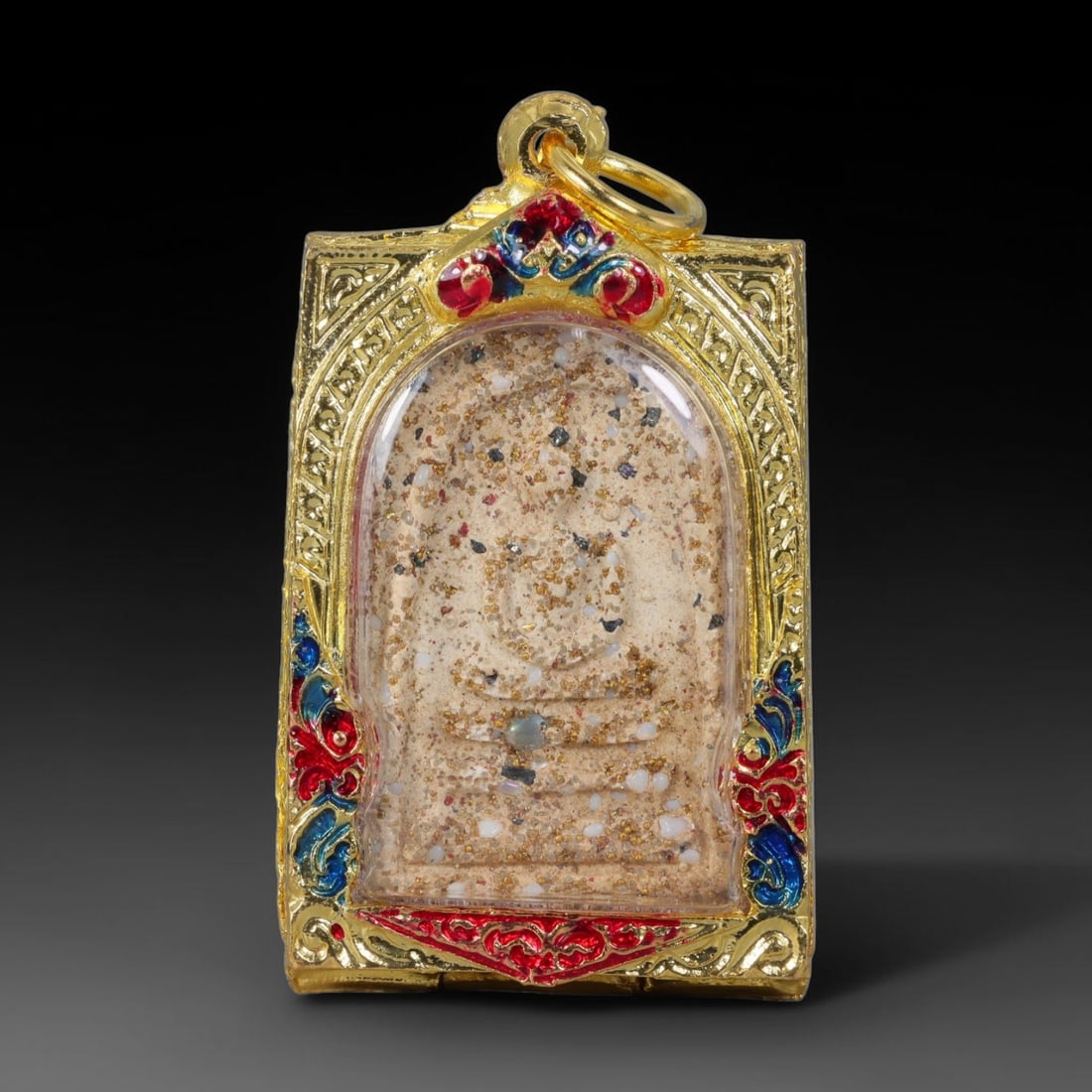 Thai Gilded Clay Metal Amulet Buddhist Votive Pendant, 28ZB: Constructed from fired clay with light gilded finishing layers, the piece uses traditional molded crafting techniques typical of Southeast Asian devotional artifacts. Its rectangular form follows stan