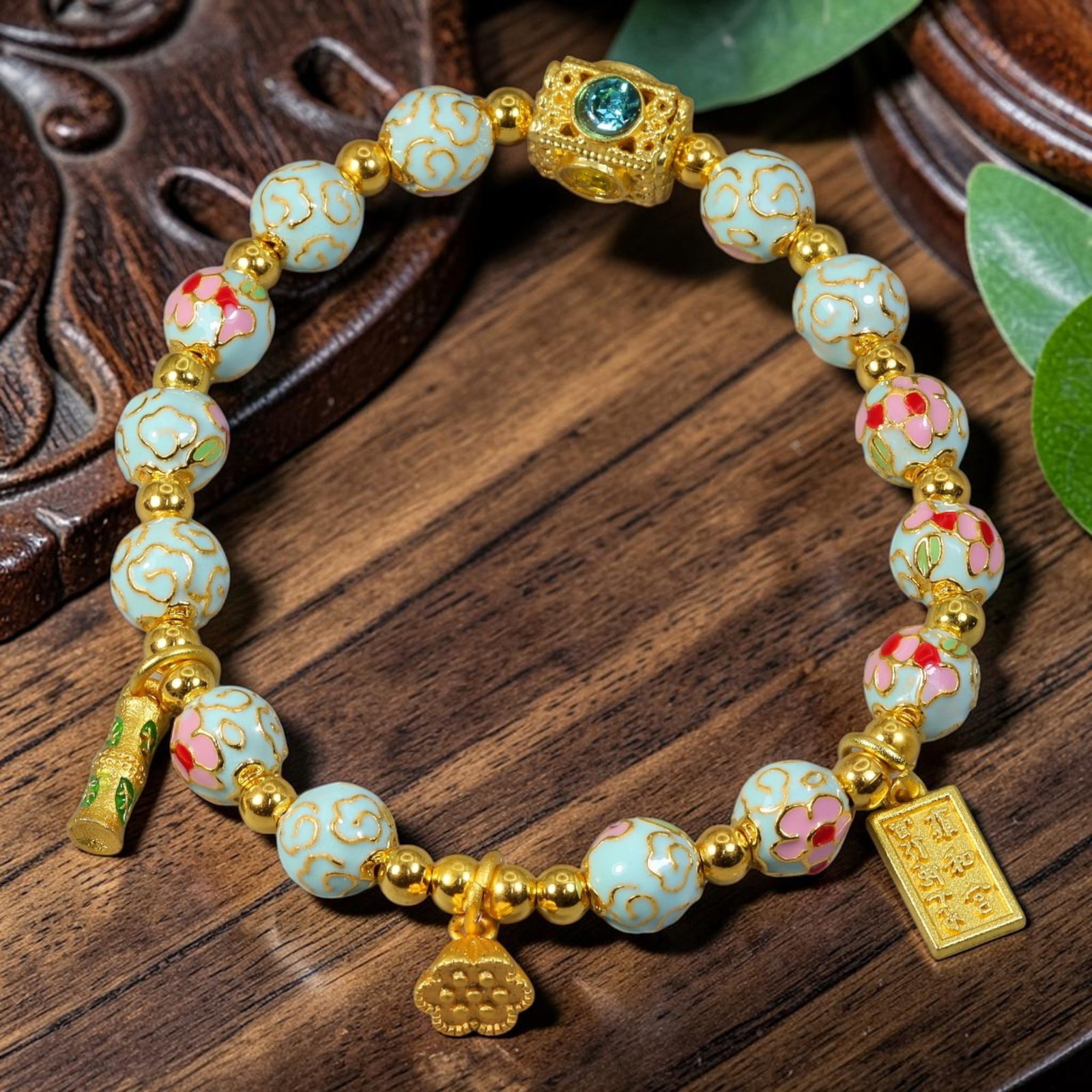 Chinese Cloisonne Enamel Beaded Bracelet - Mint Green Multi Gold Auspicious Charms, 60YG: This modern Chinese revival stretch bracelet features round cloisonne enamel beads measuring 7.80 millimeters, finished in soft mint pale blue enamel with alternating raised gold-tone swirling cloud s