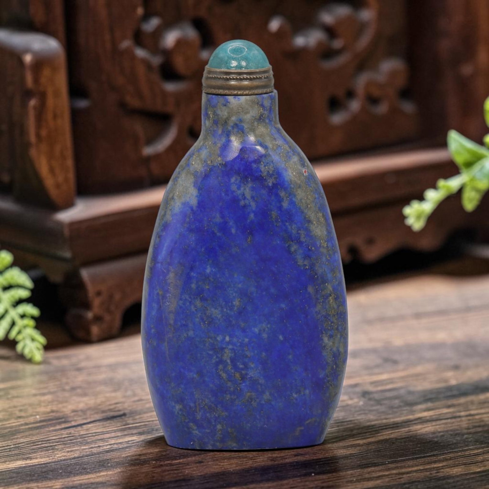 Vintage Chinese Lapis Lazuli Snuff Bottle - Plain Form, 52YF: Crafted from solid lapis lazuli, this vintage Chinese snuff bottle features a smooth, polished plain form. The stone exhibits a rich deep blue hue with natural pyrite inclusions and subtle calcite vei