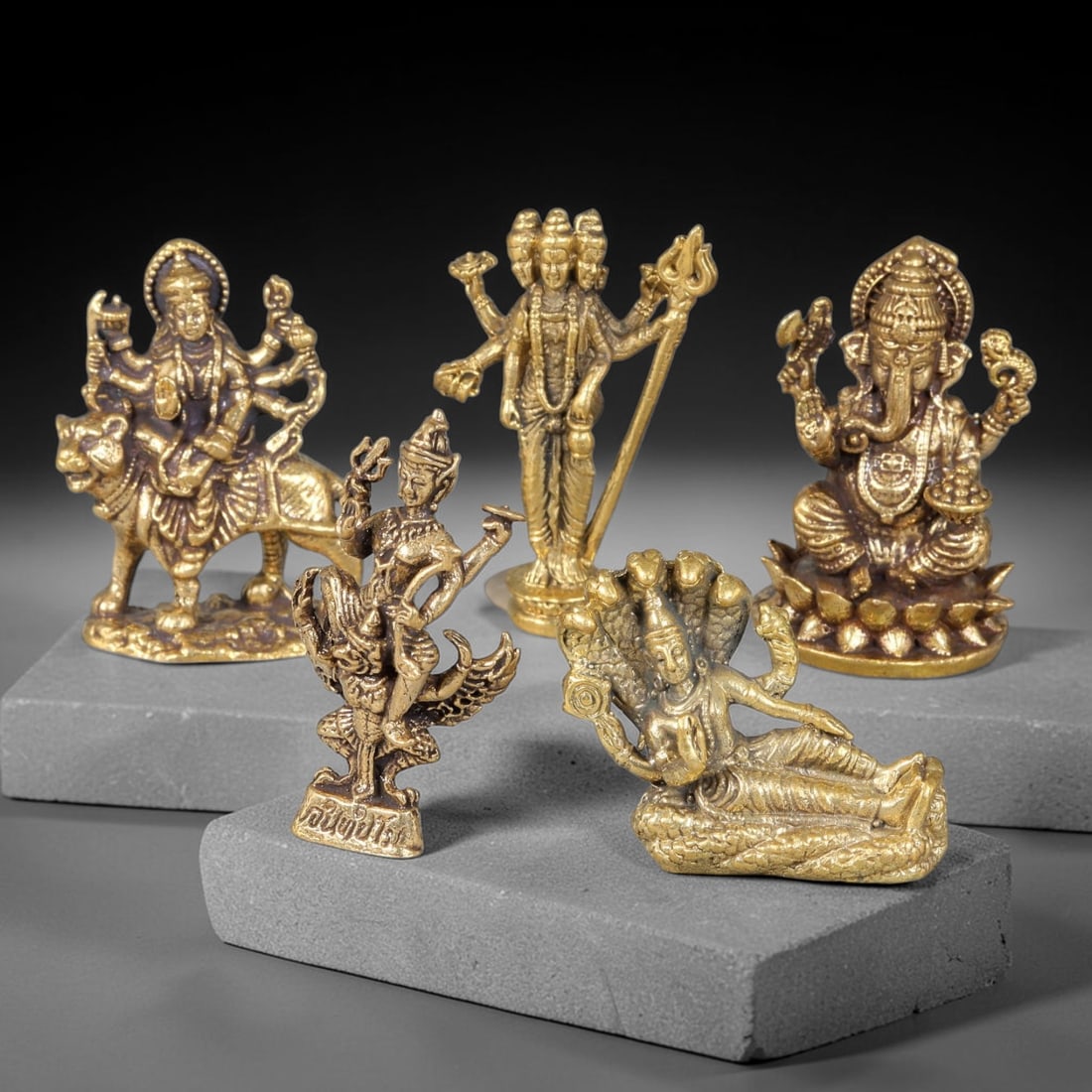 Thai Vintage Copper Alloy Hindu Pantheon Mini Divine Statues - 5pcs Set, 17YZ: Vintage Thai copper alloy miniature Hindu deity figurine set including five statues, each sized 3.5x2.0cm. This collection features Goddess Durga riding tiger, deity mounted on mythical bird Garuda, f