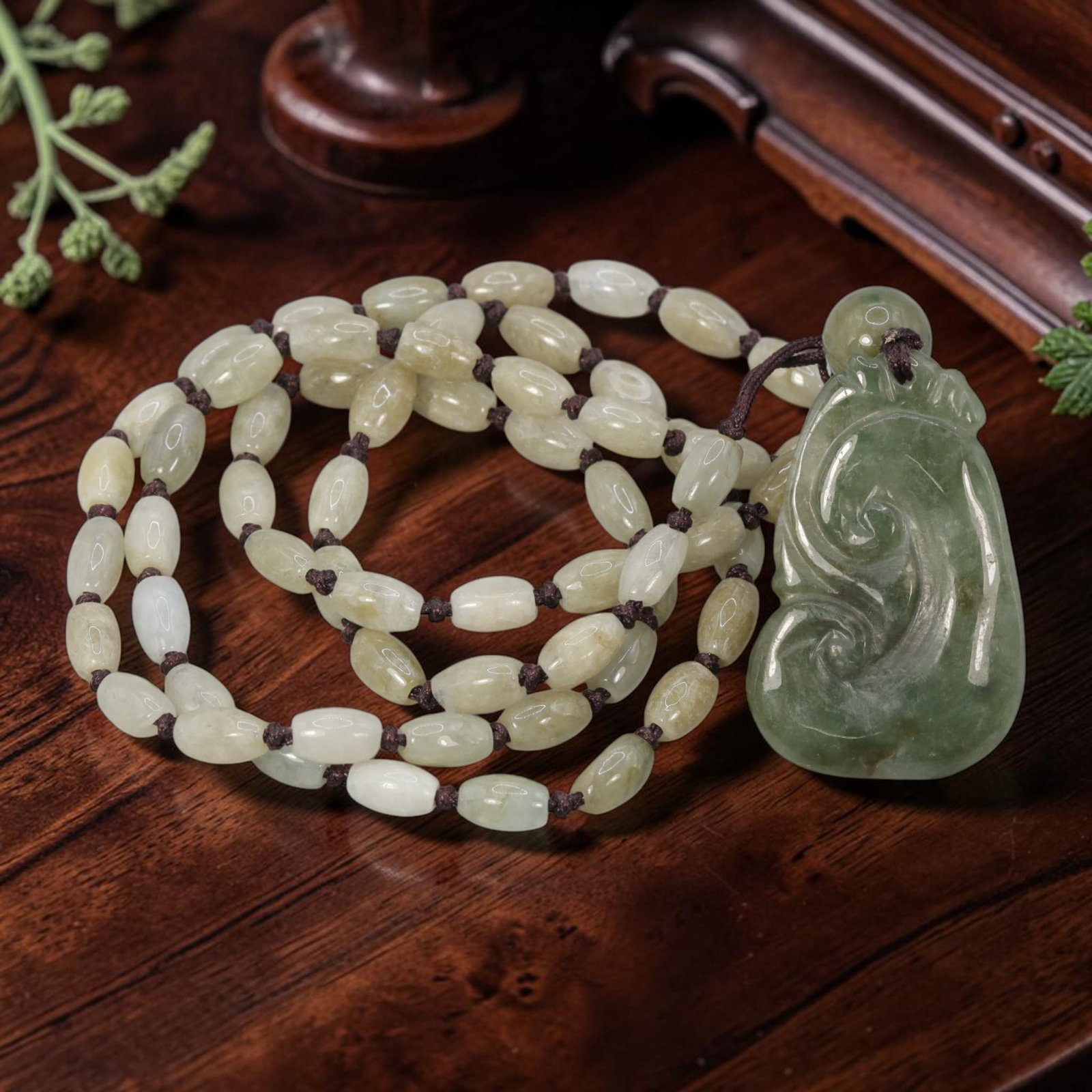 Burmese Jadeite Beaded Necklace with Natural Chinese Jade Ruyi Pendant, 64YJ: This necklace features a hand-carved natural Chinese jade ruyi pendant paired with natural Burmese jadeite pebble beads, strung on a brown cord. The pendant is crafted from soft pale green jade, depic