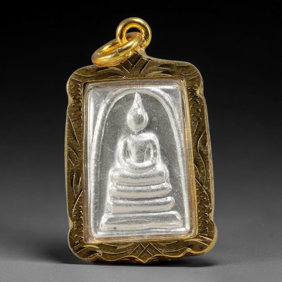 Thai Wavy Rectangular Silver Phra Somdej Dual-Sided Gold Casing Amulet, 58YY: Wavy rectangular Phra Somdej Buddha amulet with solid silver embossed core sealed under clear transparent cover, encased in fully hand-engraved golden frame. The front displays the iconic layered seat