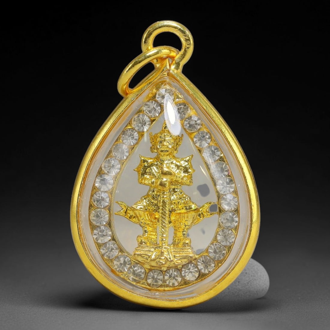 Thai Thao Wessuwan Giant God Dual-Sided Teardrop Gold Plated Rhinestone Casing Amulet, 74YY: Mini teardrop-shaped Thai Thao Wessuwan amulet with gold metal core sealed under transparent protective cover, housed in polished gold-plated teardrop frame fully lined with clear round rhinestones, e