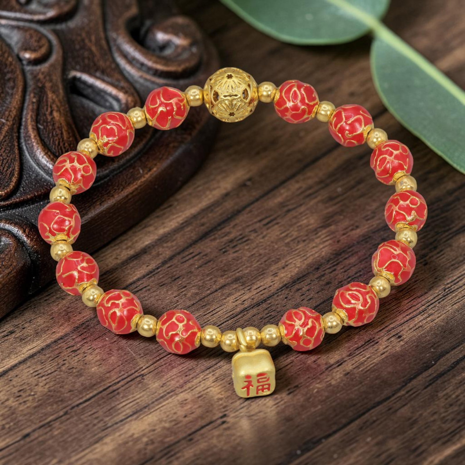 A Chinese Cloisonne Enamel Beaded Bracelet - Red Gold-Tone Fortune Charm, 39YJ: This modern Chinese-style bracelet features 10.32mm round cloisonne enamel beads in a rich red hue, each detailed with raised gold-tone cloud patterns. Small smooth gold-tone spacer beads separate the